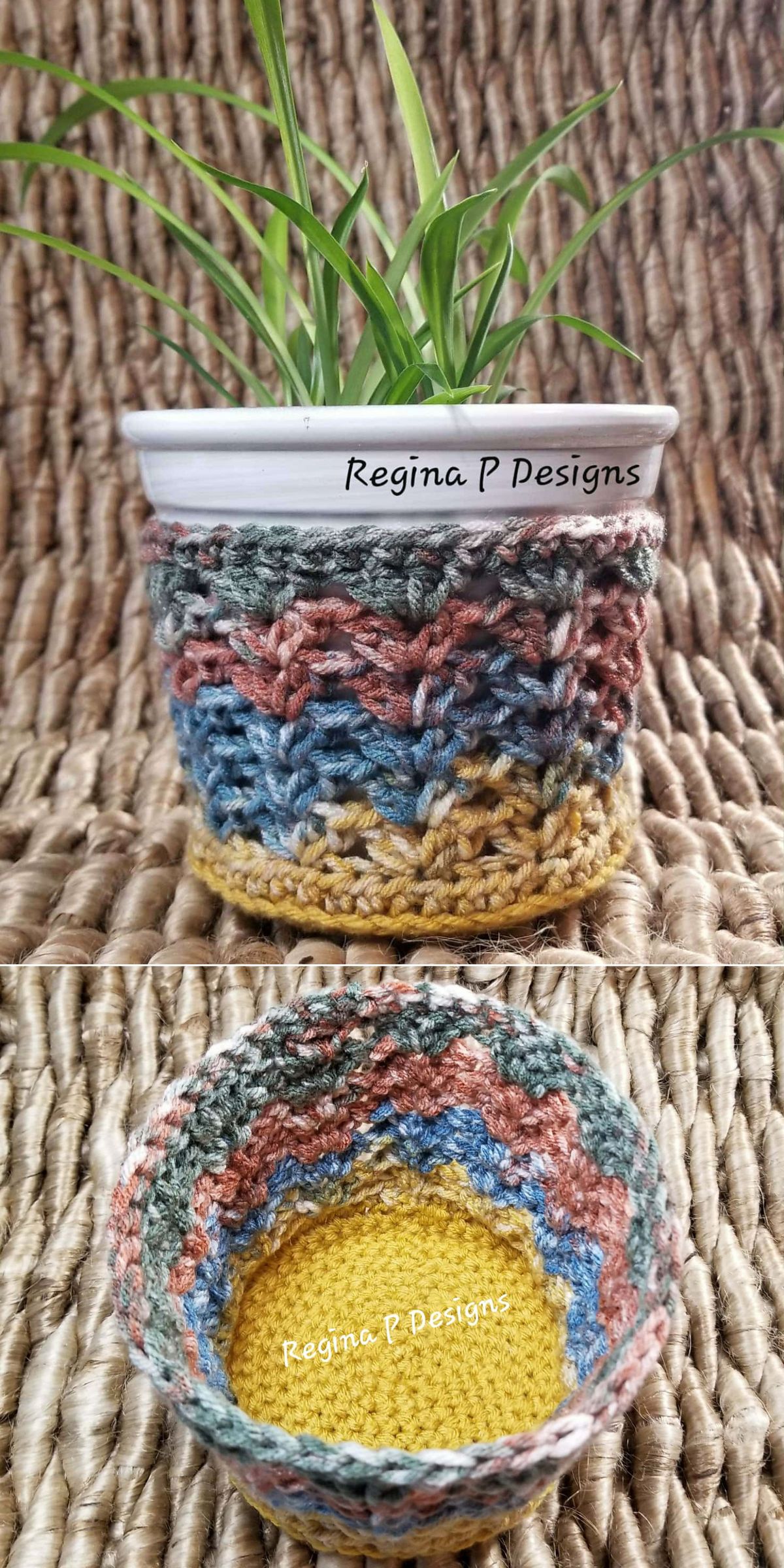 A white plant pot with a crochet plant pot cover sits on a woven surface; the multicolored cover features wavy stripes in green, blue, pink, and yellow.