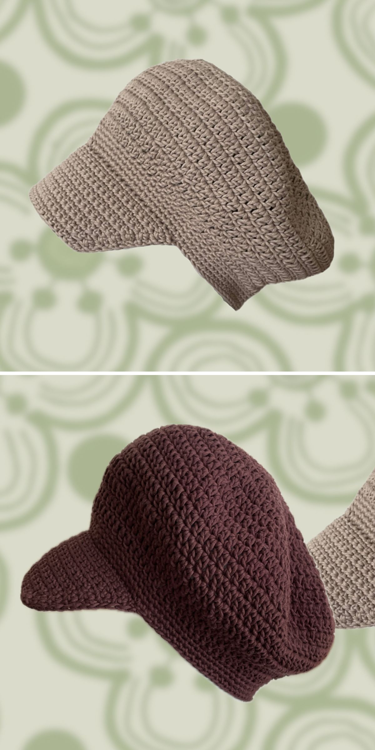 Two crocheted baseball caps, one in light beige and one in dark brown, are displayed against a green patterned background, showcasing a stylish twist on classic designs reminiscent of the popular crochet beret.