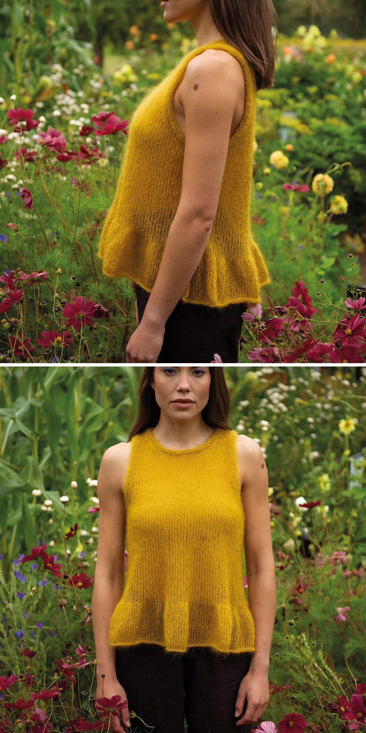 A woman is standing in a garden wearing a sleeveless, textured yellow knit halter top and black pants; shown from the side and front views.