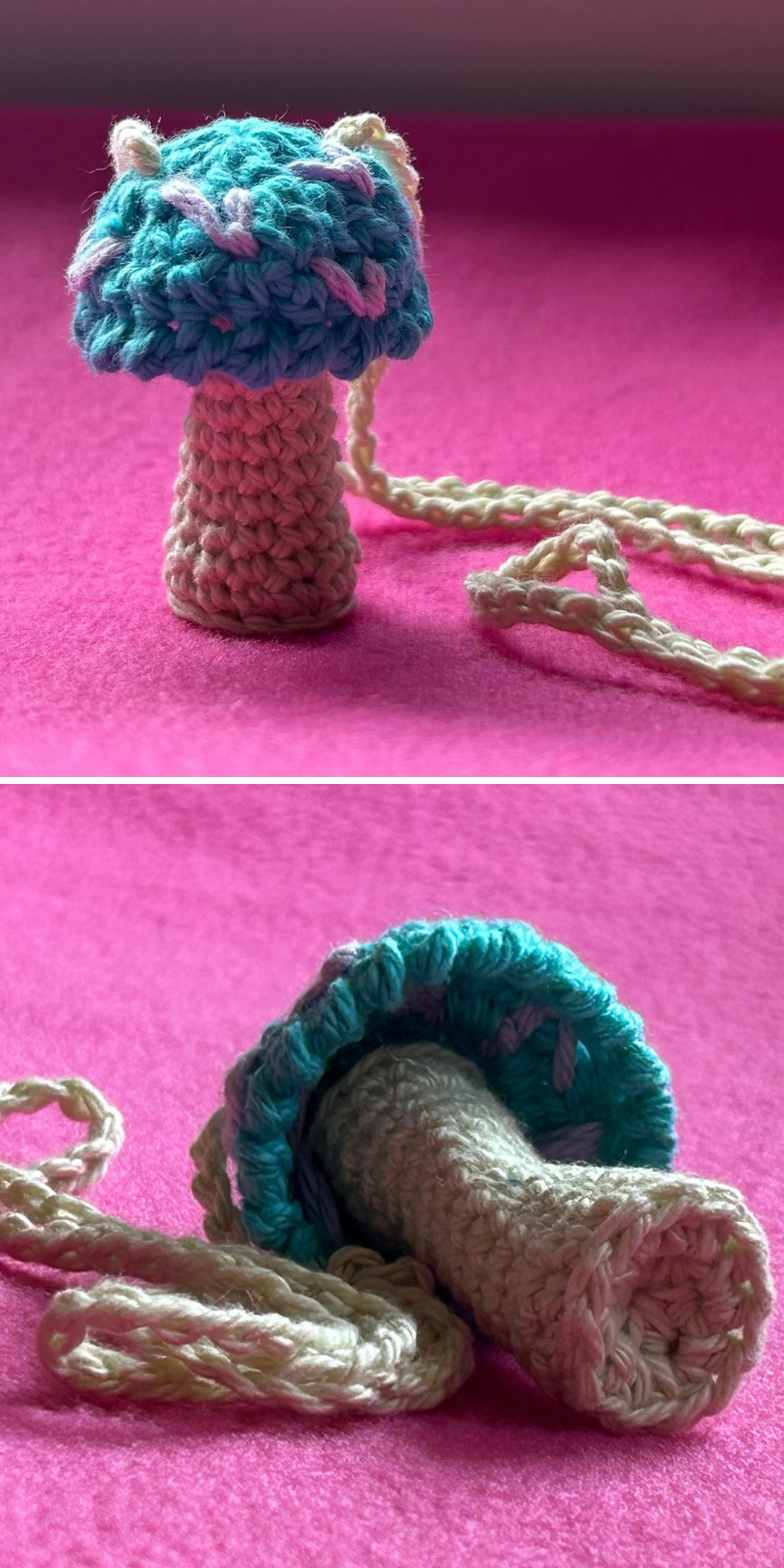 Crocheted mushroom-shaped pendant with a blue cap and cream stalk, shown upright and lying on its side against a bright pink background — perfect as a cute crochet pouch for your tiny treasures.