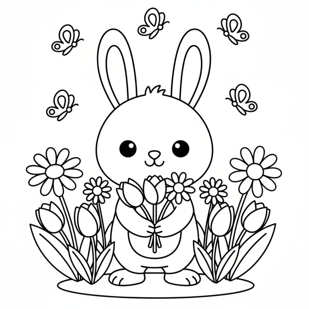 A cartoon bunny holding tulips stands among flowers with five butterflies flying around it. This black and white spring coloring page is a printable for kids and perfect for creative fun. Free PDF available for easy printing at home.