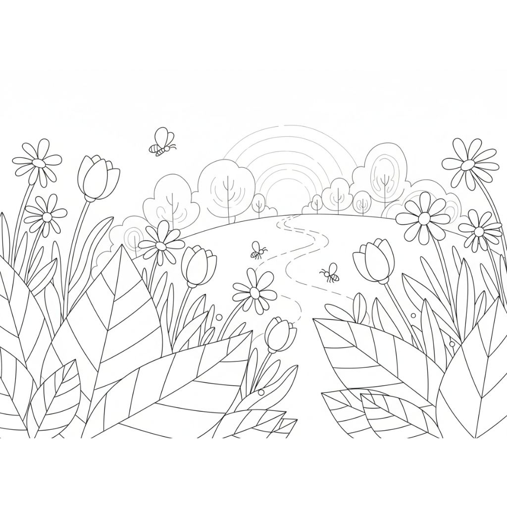 Black and white line drawing of a landscape with flowers, large leaves, a winding path, trees, a rainbow, bees, and a butterfly — perfect for spring coloring pages or as a free PDF printable coloring page.