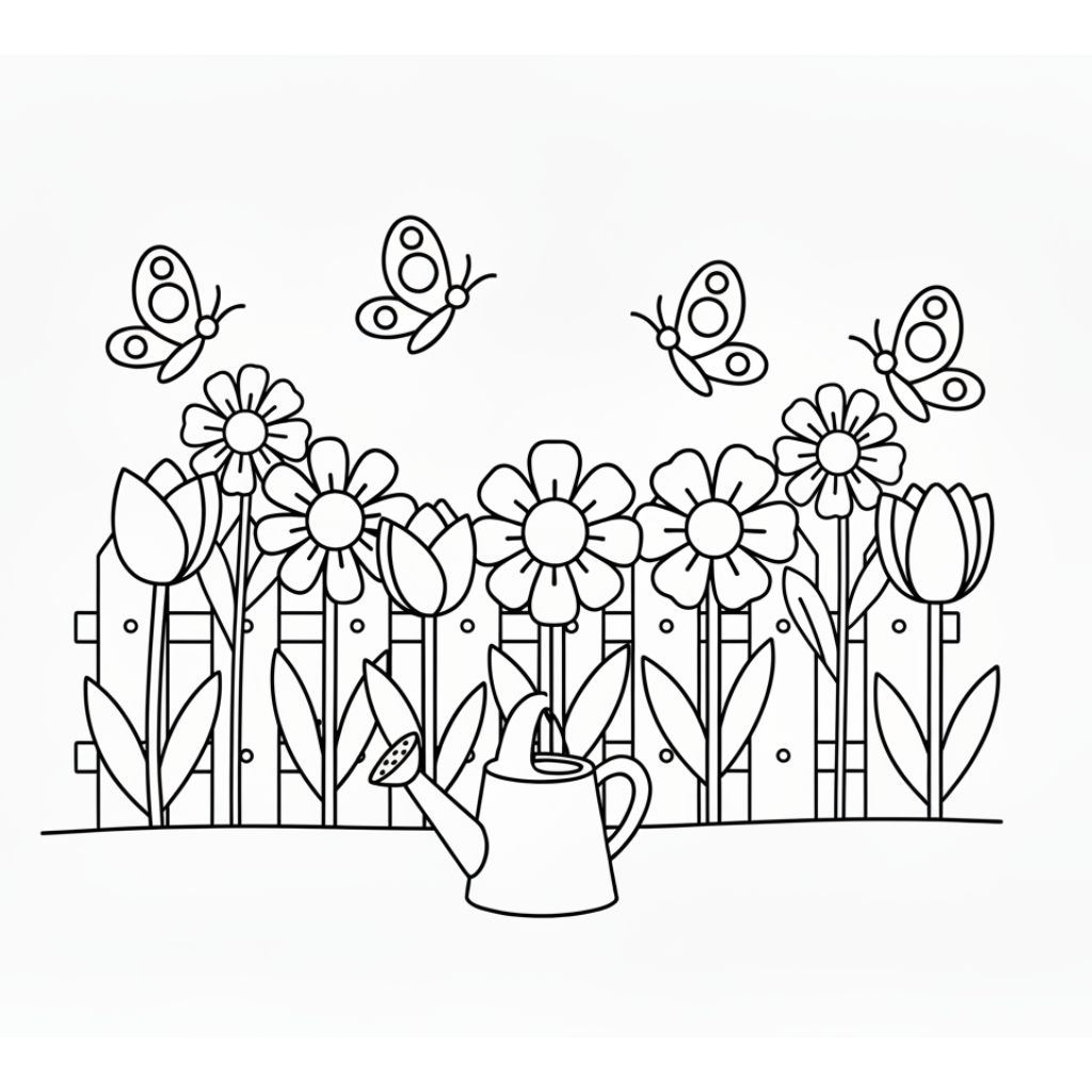 Black and white drawing of flowers and tulips in front of a fence, with four butterflies above and a watering can on the ground — perfect for spring coloring pages or kids coloring sheets.
