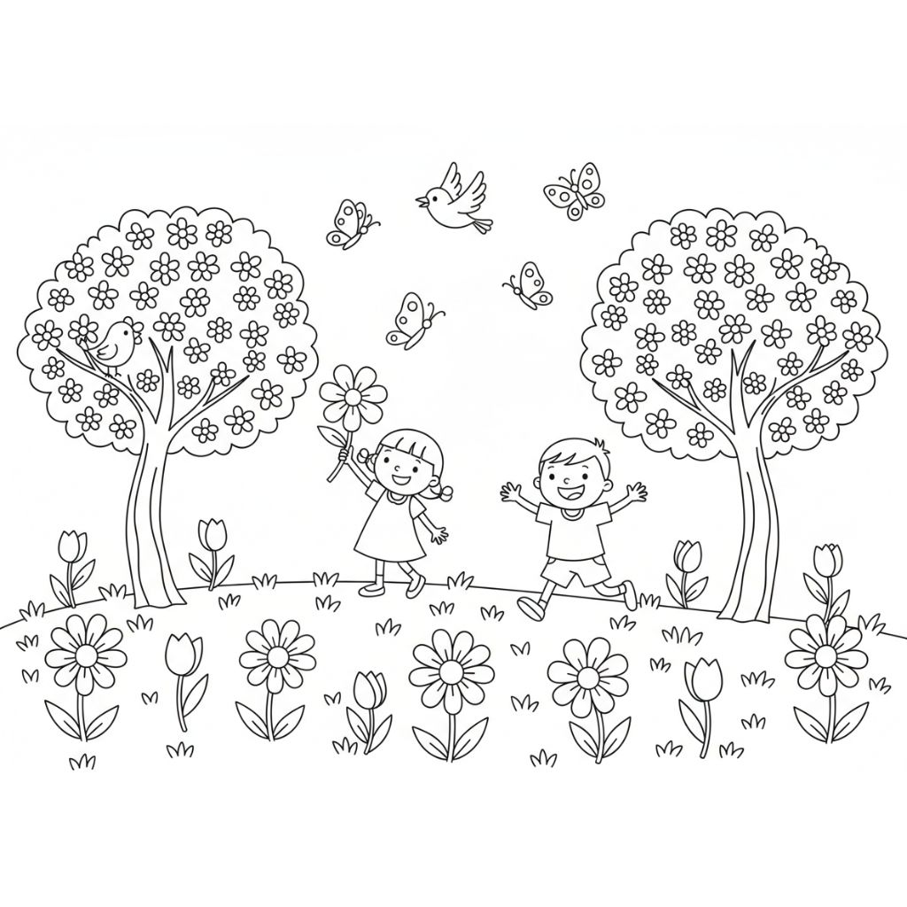 Two children walk on a grassy hill among flowers, with trees, butterflies, and birds in the background. This black and white image is perfect for Spring coloring pages and is available as a free PDF printable for kids.