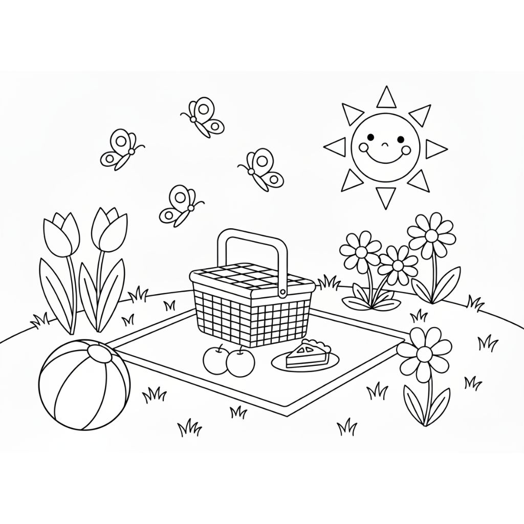 A picnic scene with a basket, cherries, pie, a beach ball, flowers, butterflies, and a smiling sun on a grassy area — perfect as a spring coloring page printable for kids or as a free PDF activity.