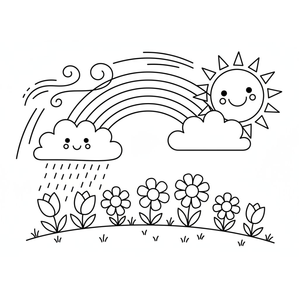 Black and white drawing of a sun, rainbow, clouds with faces, raindrops, wind, and a row of flowers and tulips on grass — perfect for spring coloring pages or as a free PDF printable coloring page.