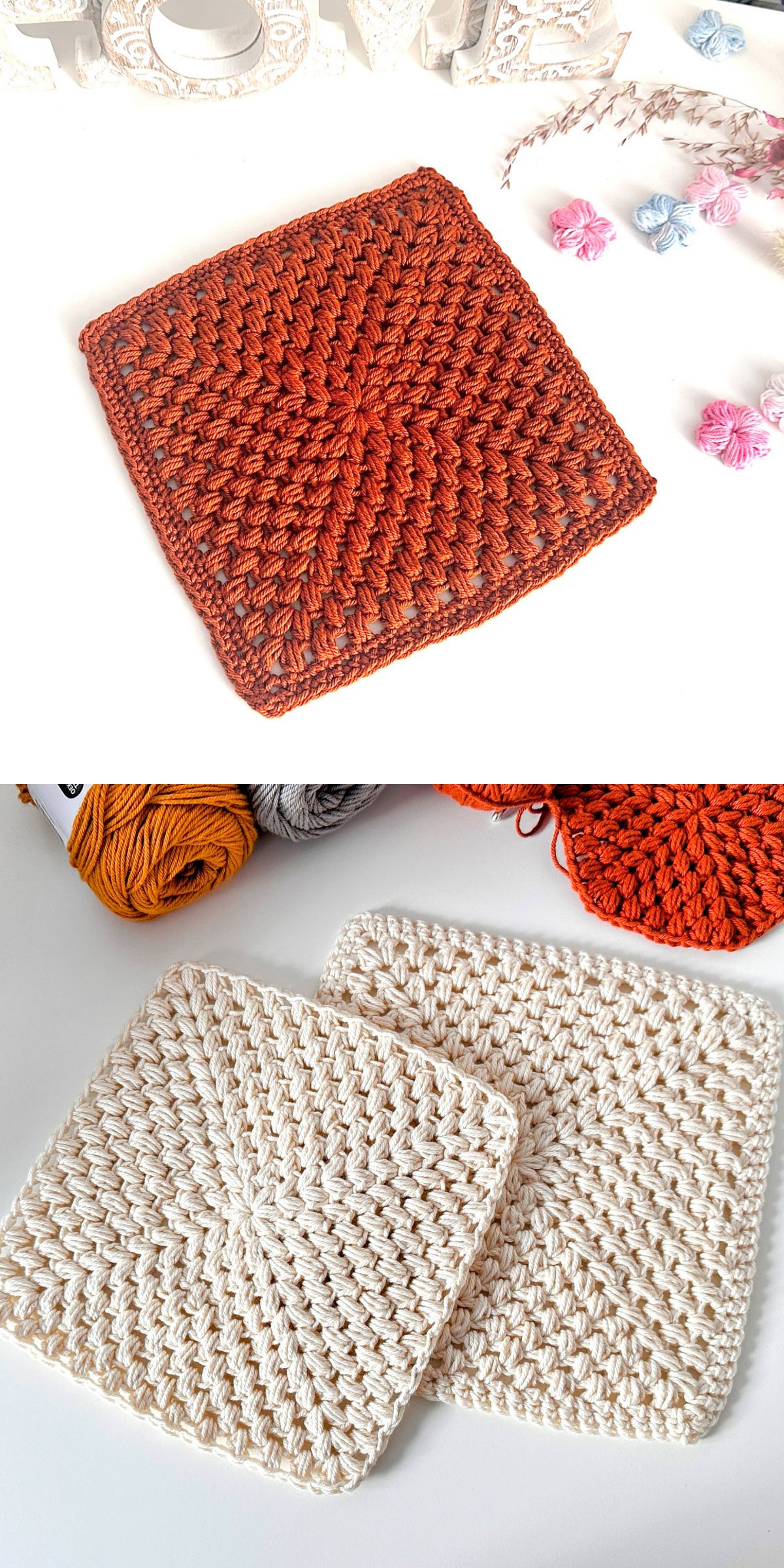 A burnt orange crochet potholder and two cream-colored square crochet potholders are displayed on a white surface, surrounded by yarn and decor in the background.