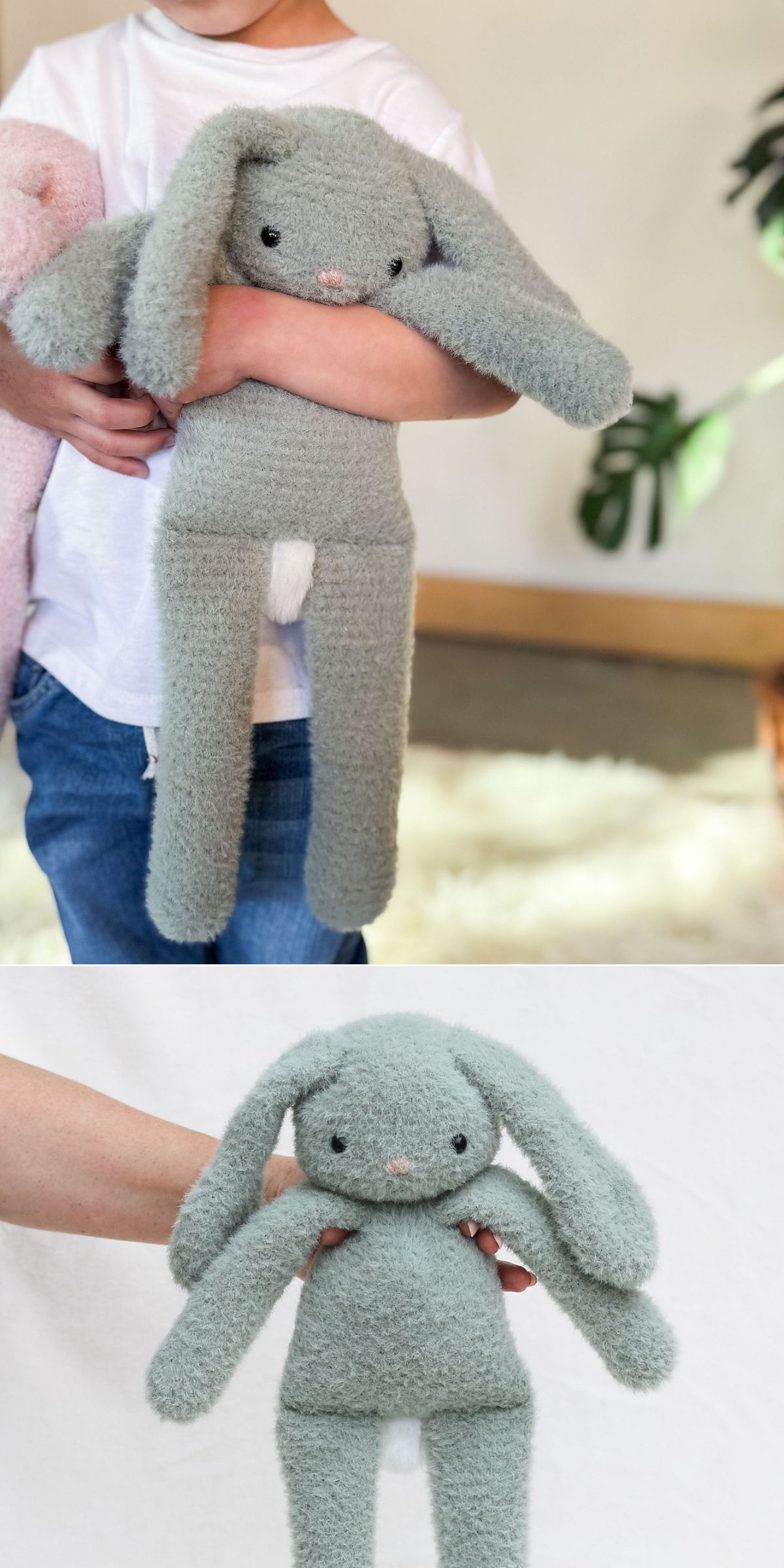 A person holds a soft, green crochet bunny with long ears and a white patch on its lower belly in two different settings.