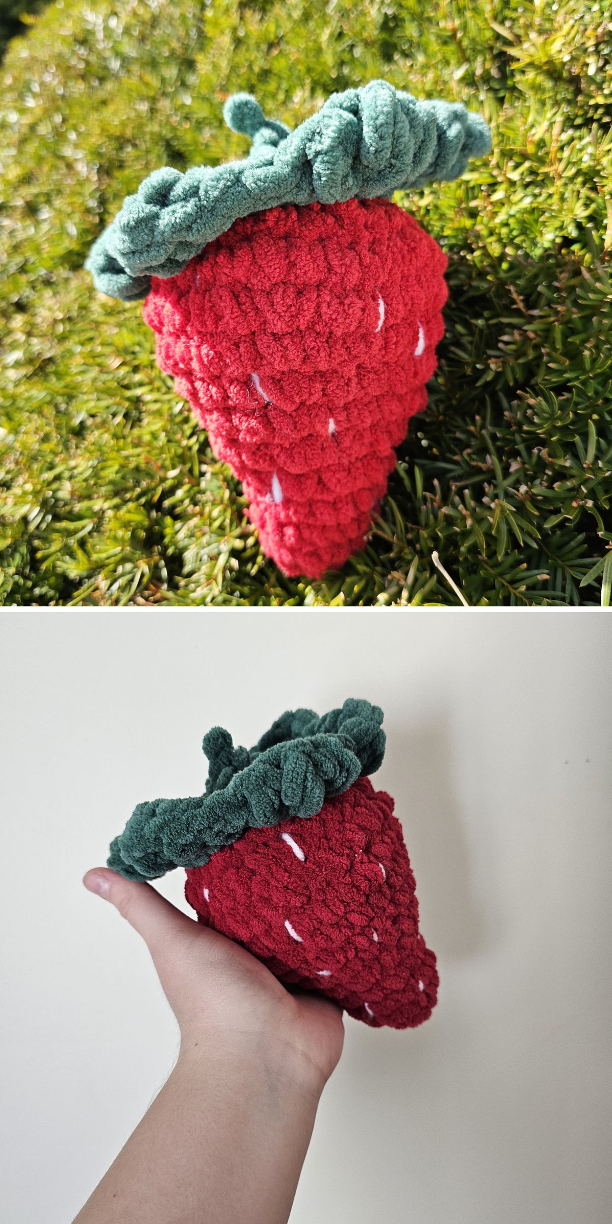 A crochet strawberry plush with green leaves is shown resting on grass in one image and held in a hand against a plain background in another.