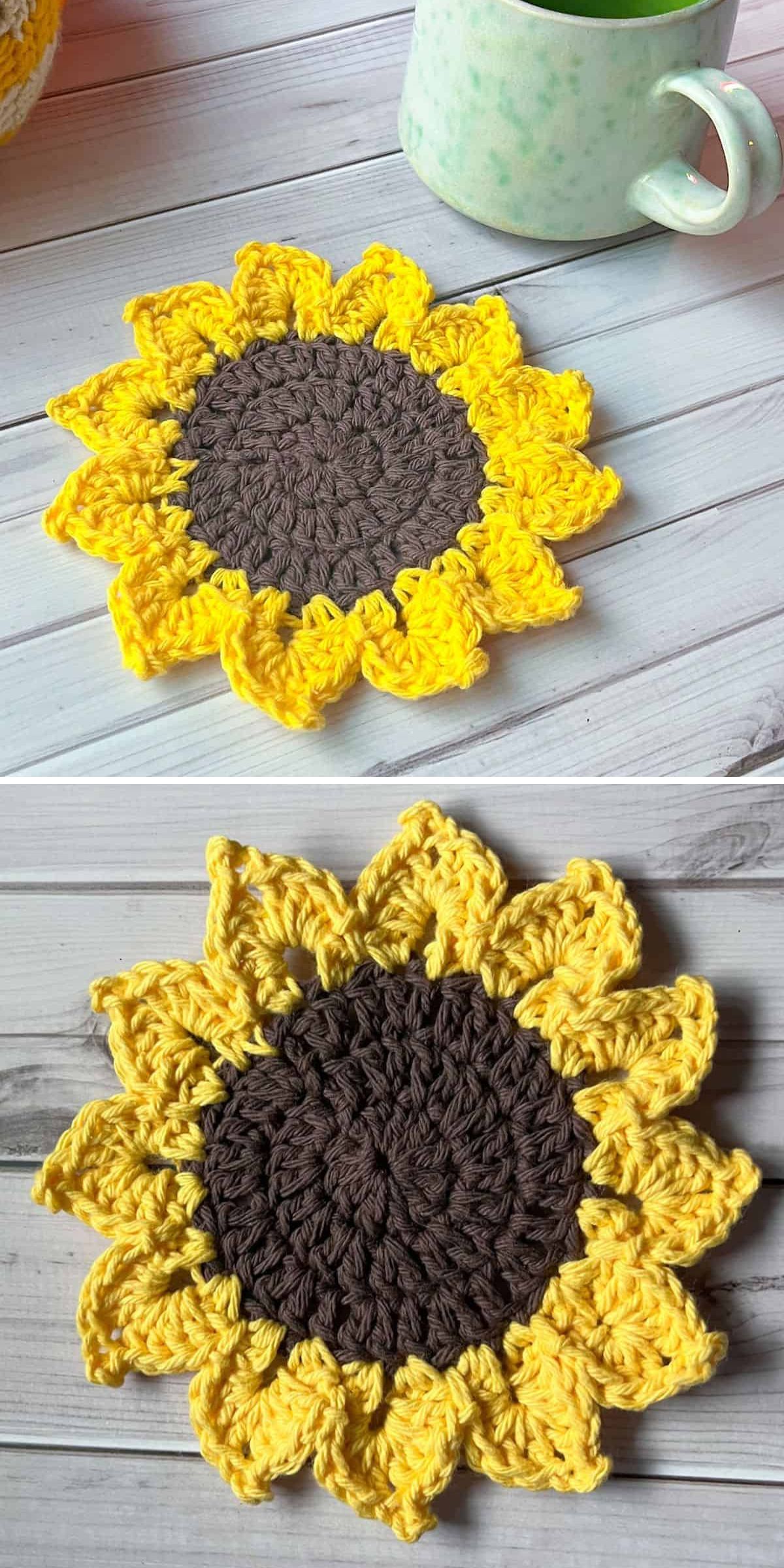 Two crochet sunflower coasters with yellow petals and brown centers are displayed on a light wooden surface next to a green ceramic mug.