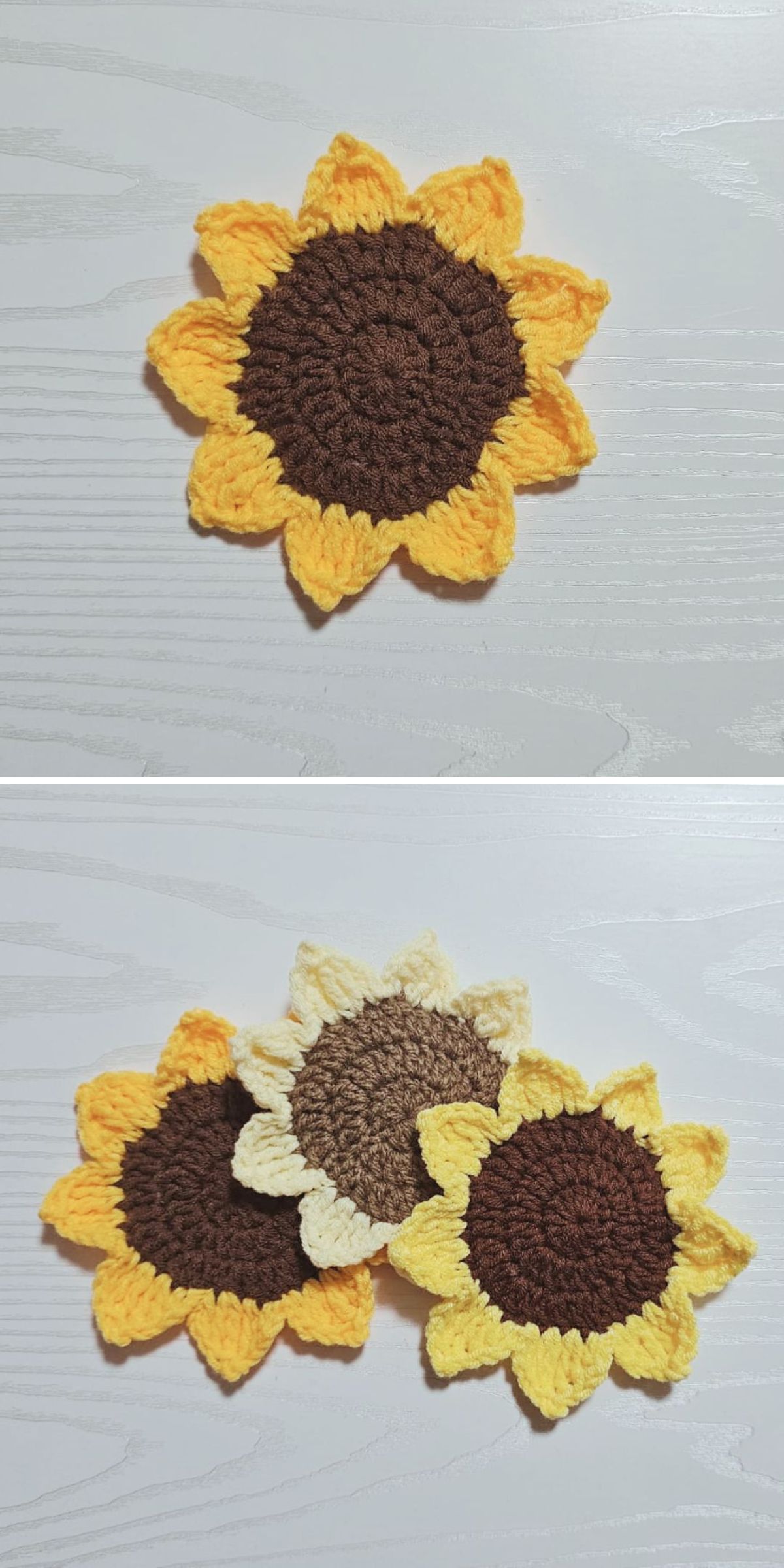 Crochet sunflower coasters with brown centers and yellow petals are displayed on a light wooden surface, shown individually and in a group.