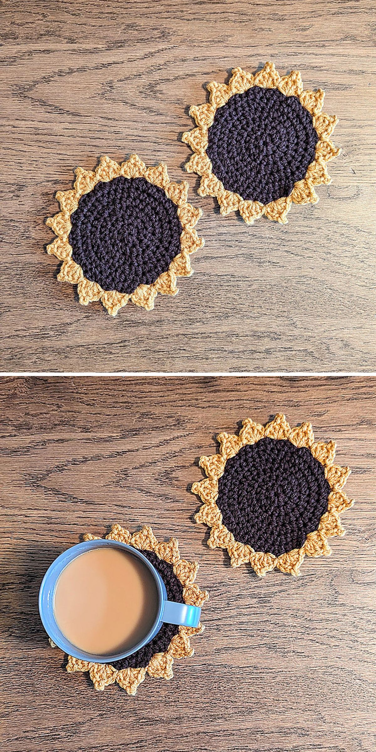 Two crochet sunflower coasters are displayed on a wooden surface. In the second image, a blue mug filled with coffee rests atop one cheerful crochet sunflower coaster.