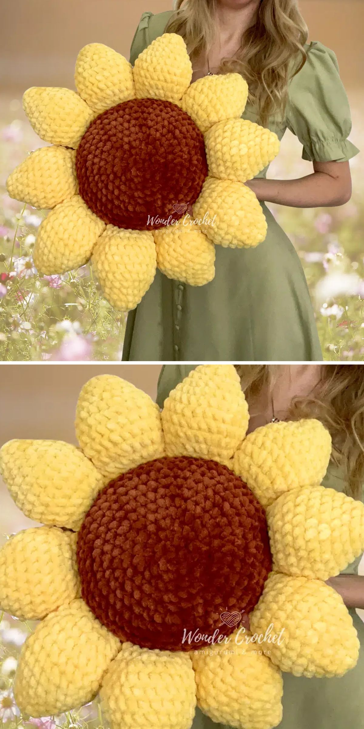 A person in a green dress holds a large, plush crochet sunflower pillow, featuring vibrant yellow petals and a soft brown center.