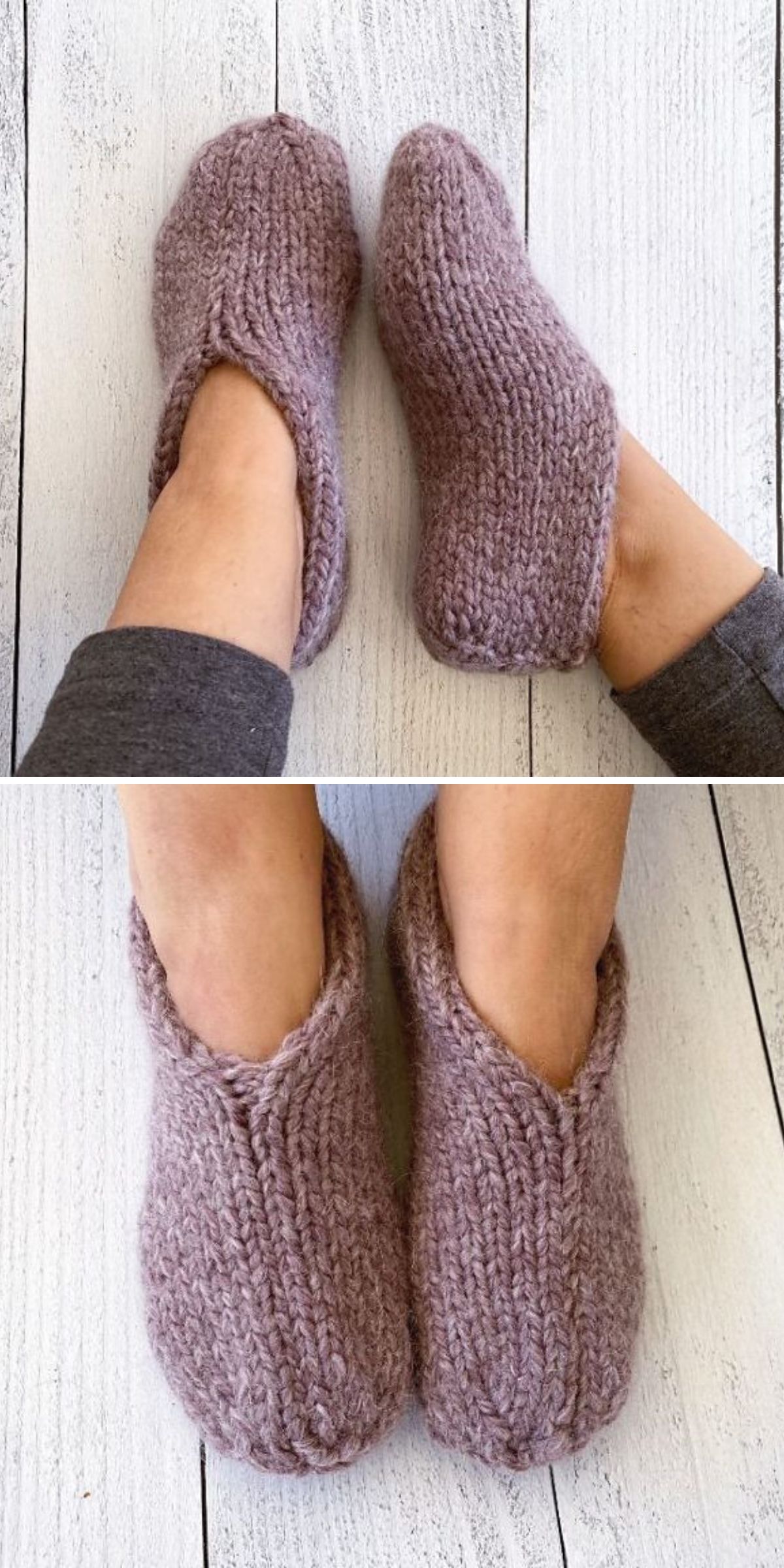 Handmade, chunky-knit lavender slippers — crafted using cozy knitting patterns for socks — worn on feet and shown from above and side angles on a light wooden floor.
