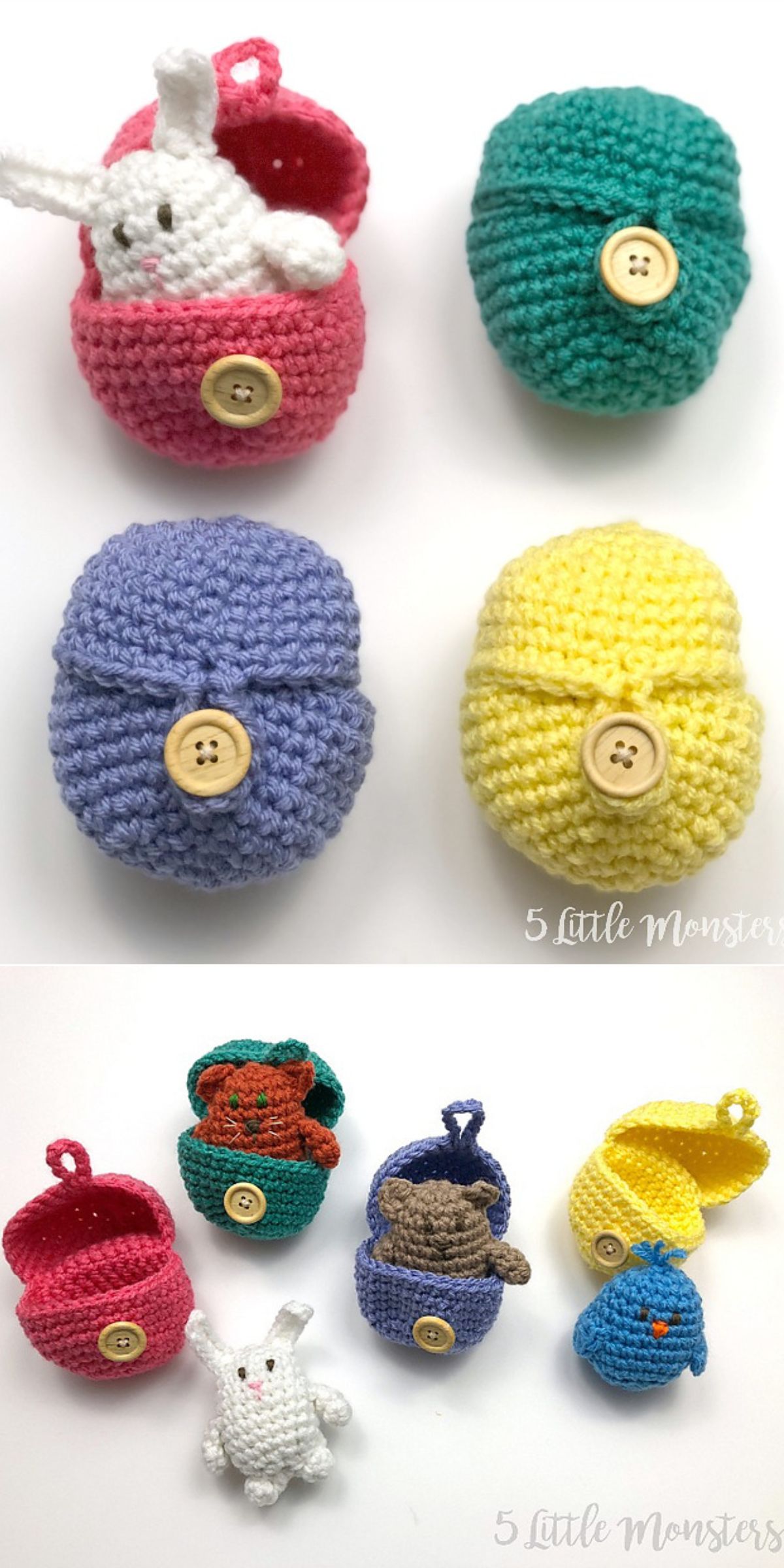 Four colorful crocheted egg-shaped containers with wooden buttons, each holding a small crocheted animal, shown open and closed on a white background — perfect Easter gifts made with charming crochet Easter egg patterns.