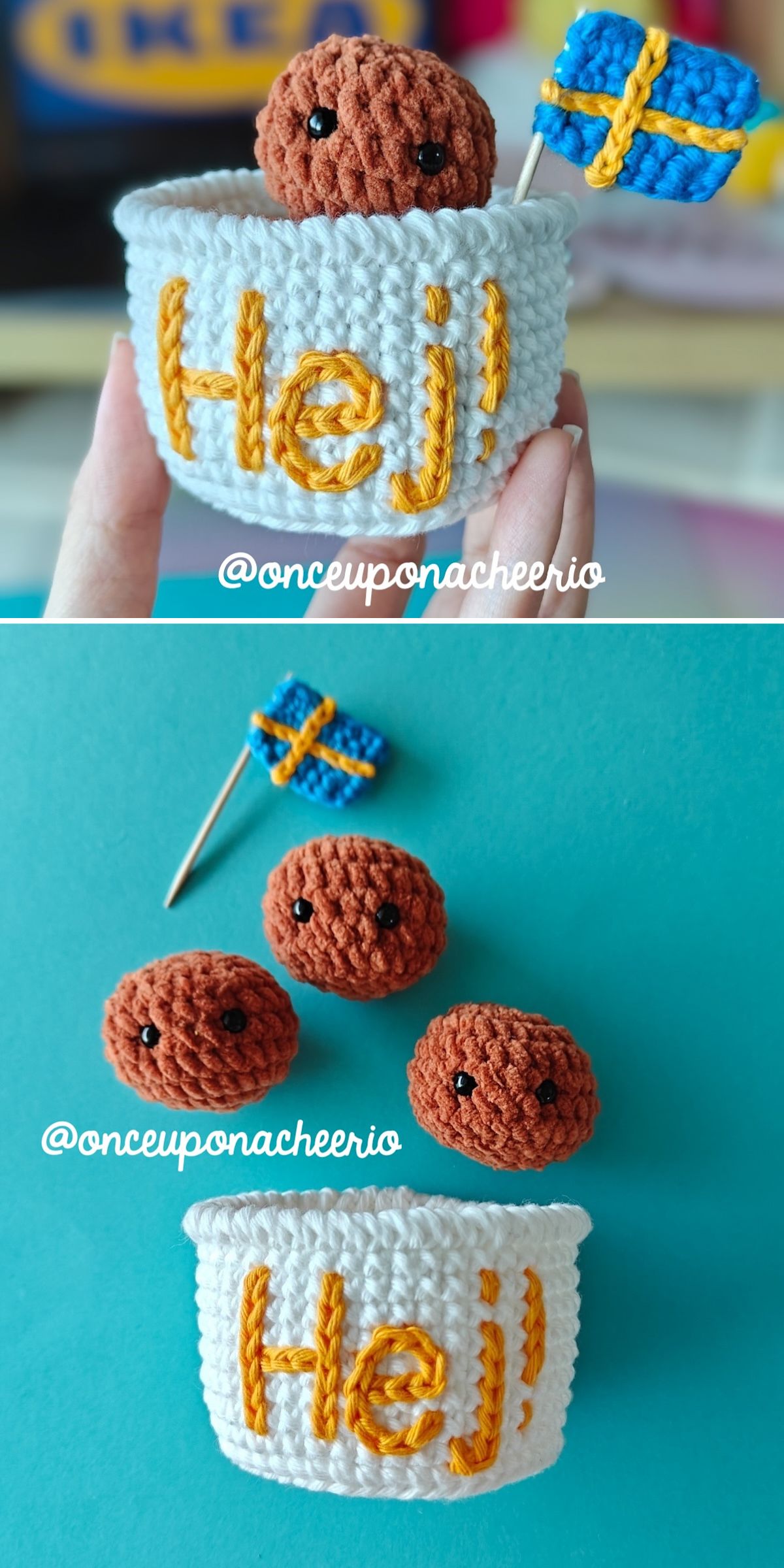 Crocheted food amigurumi meatballs with faces sit in a white cup labeled "Hej!" holding a small Swedish flag, with @onceuponacheerio watermark.