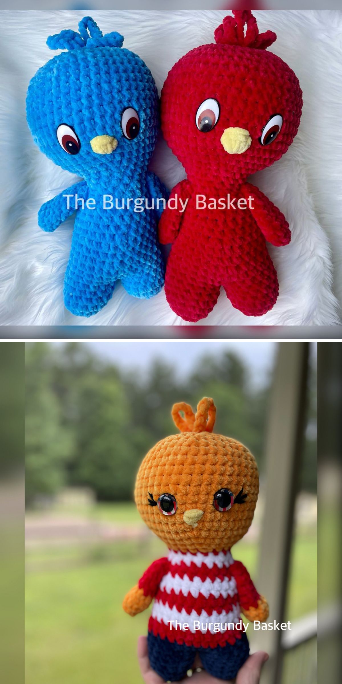 Two images: the first features blue and red crochet bird dolls side by side; the second displays an orange crochet bird doll in a red and white sweater being held outdoors.