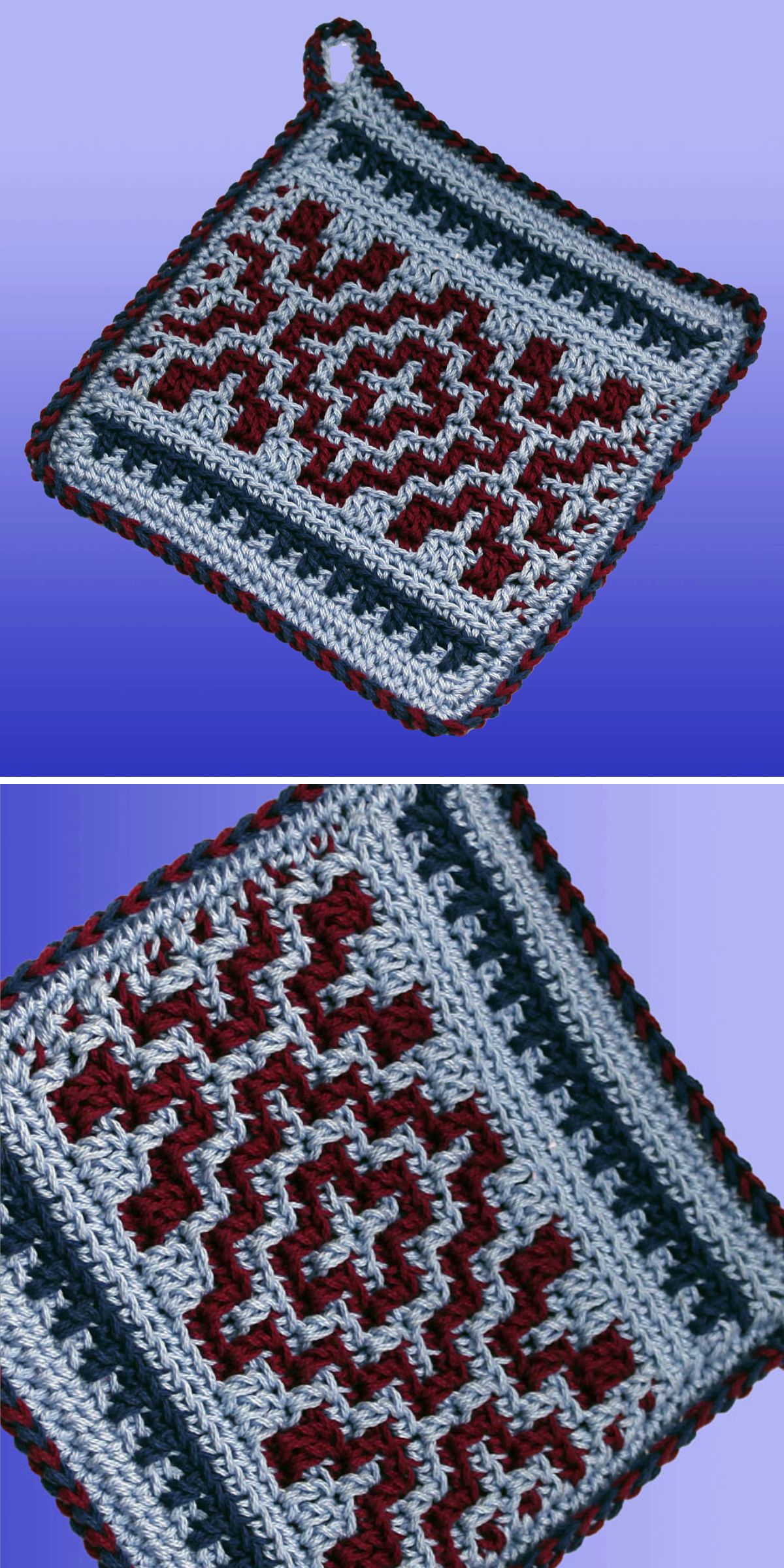 A crochet potholder featuring a red and gray geometric pattern and a hanging loop, displayed from two angles against a blue gradient background.