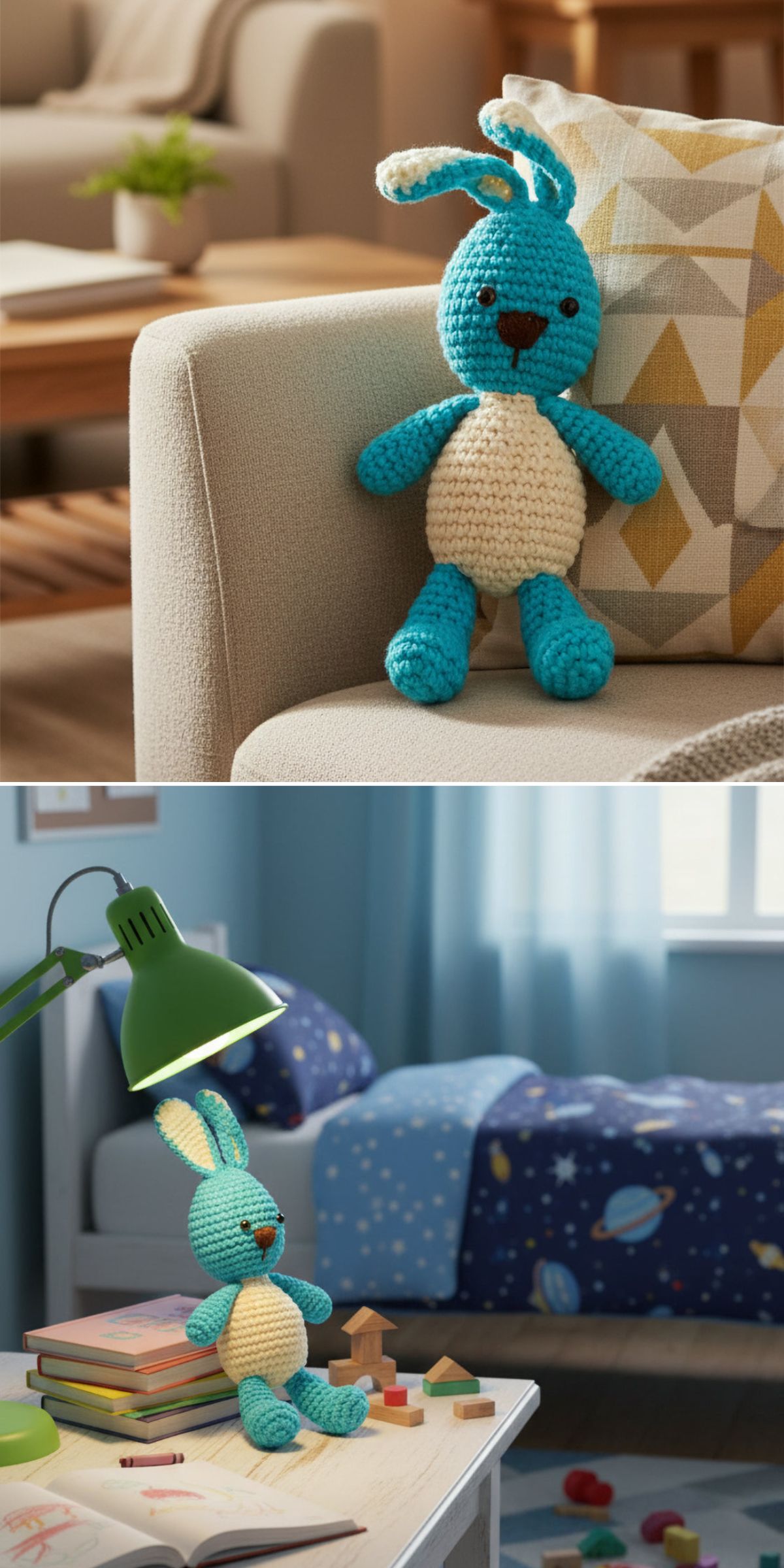 A crochet bunny in blue sits on a beige couch in the living room, and later rests on a child's desk under a green lamp in a space-themed bedroom.