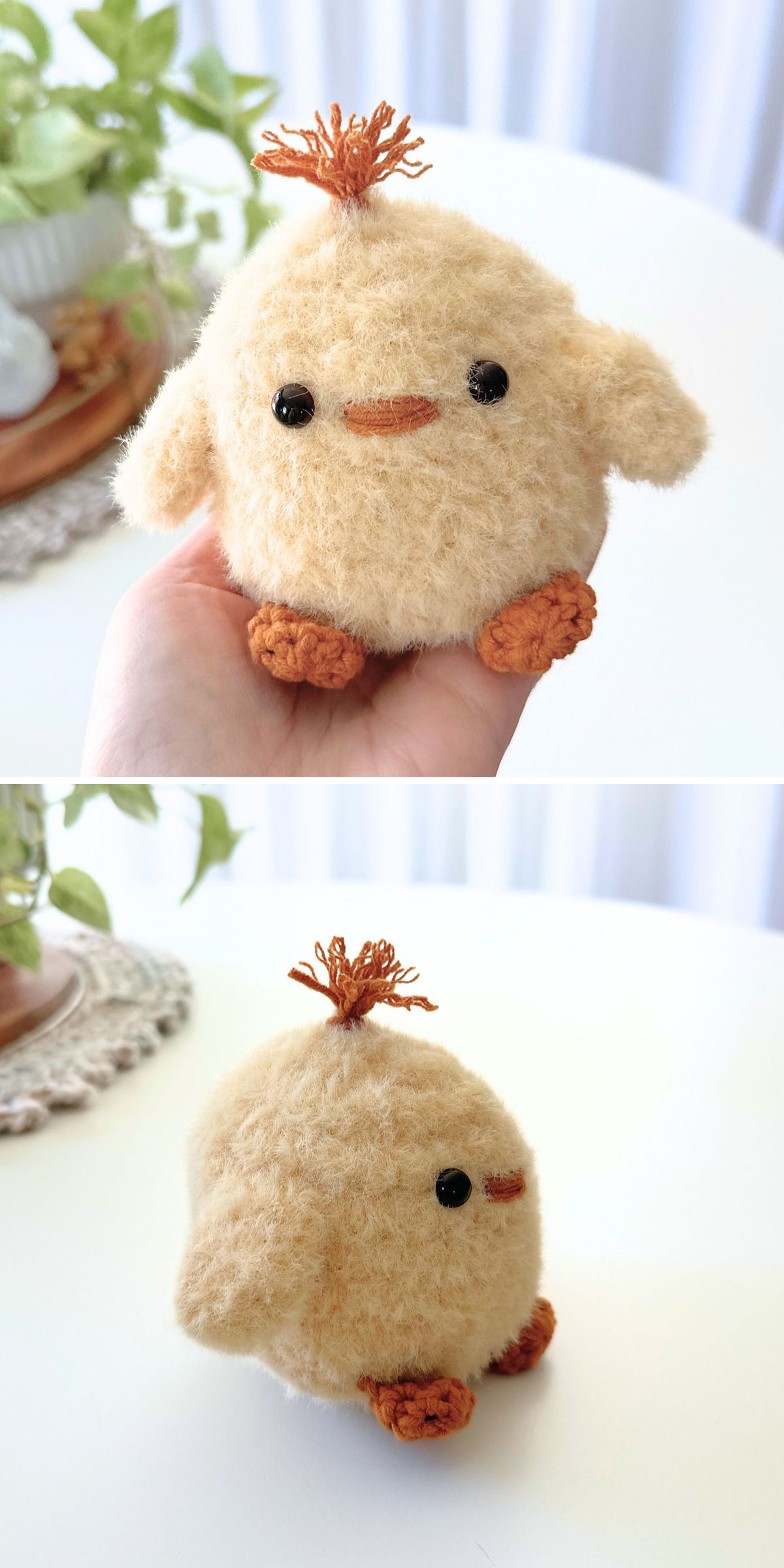 A small, round, crochet chicken plush toy with orange feet, a tiny beak, and a tuft of orange yarn on its head, shown from the front and back.