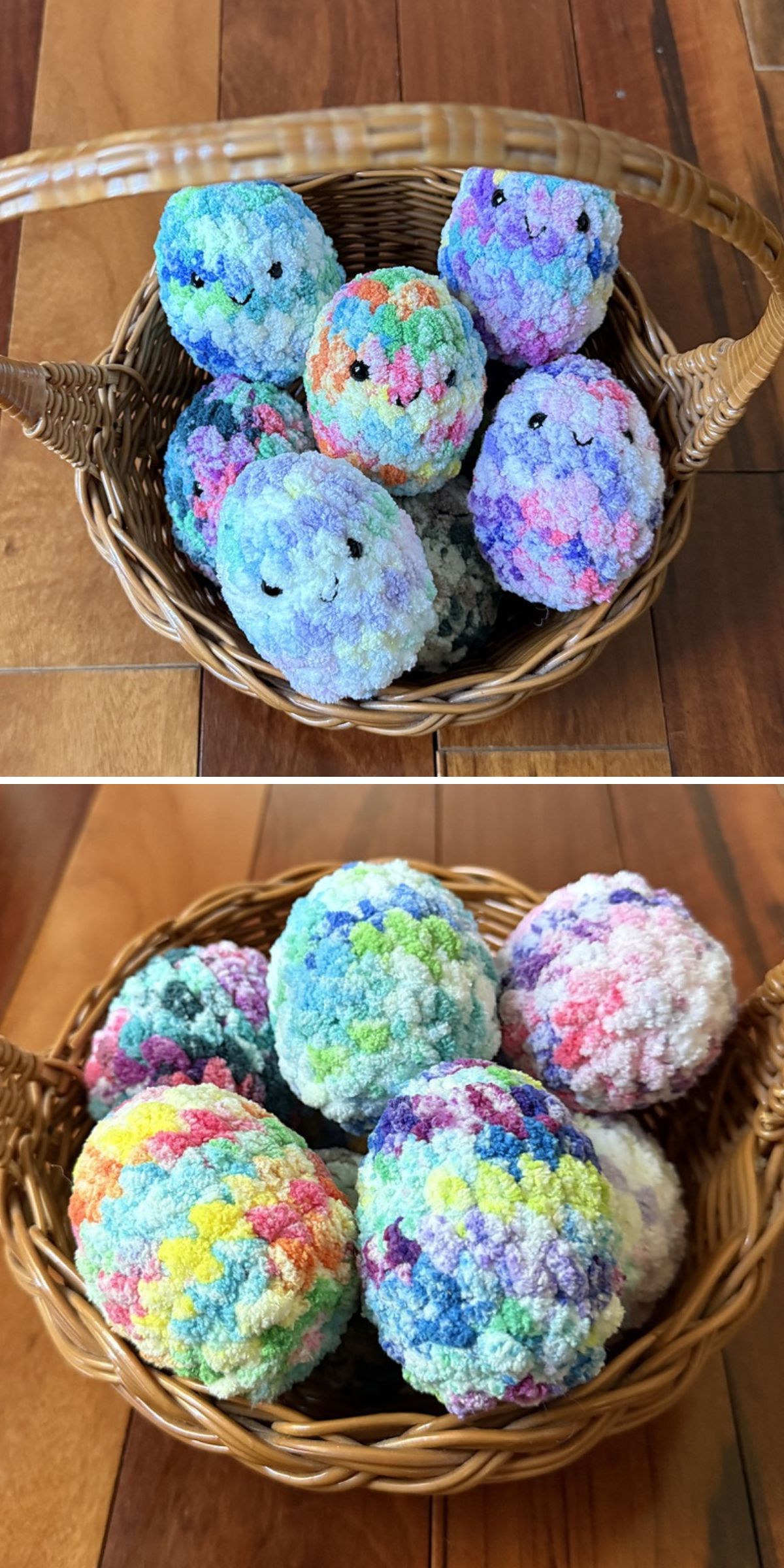 Two images show a wicker basket filled with colorful, textured yarn balls; the top image features crochet Easter egg yarn balls with embroidered faces, while the bottom shows yarn balls without faces.