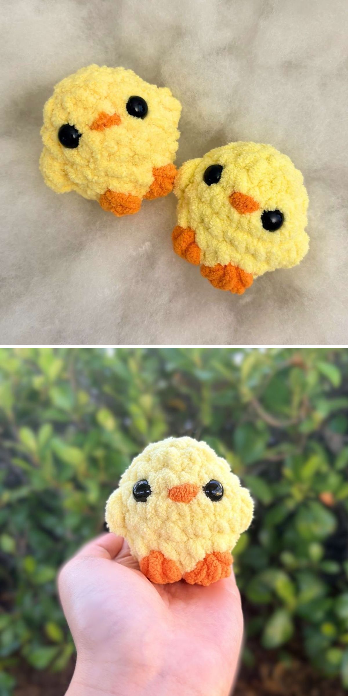 Two yellow, plush, handmade crochet chicken toys with orange beaks and feet. One is shown outdoors in a hand, in front of green foliage.