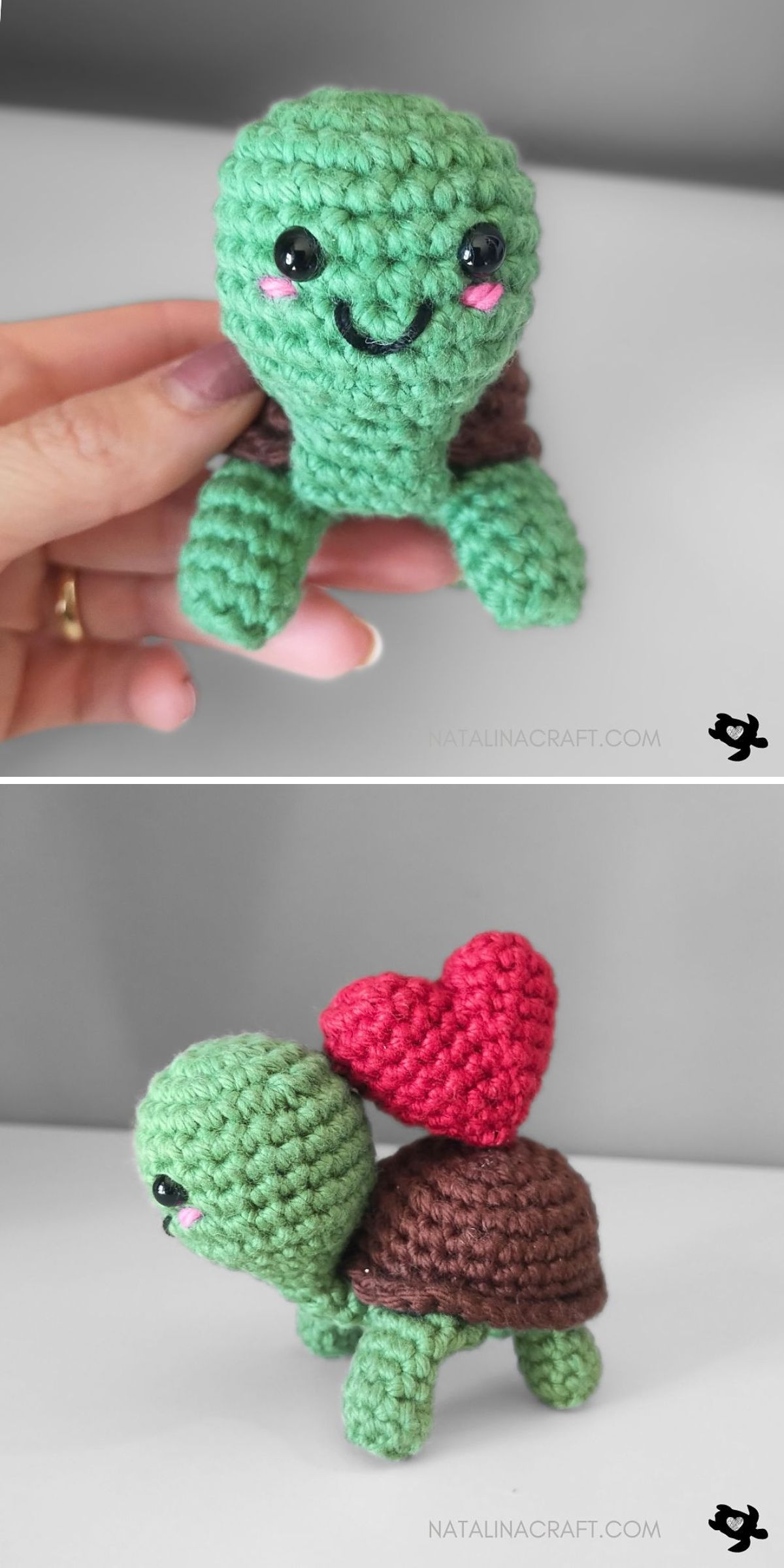Two adorable crocheted turtles with brown shells—one is held up, smiling, while the other crocheted turtle has a red heart attached to its back.