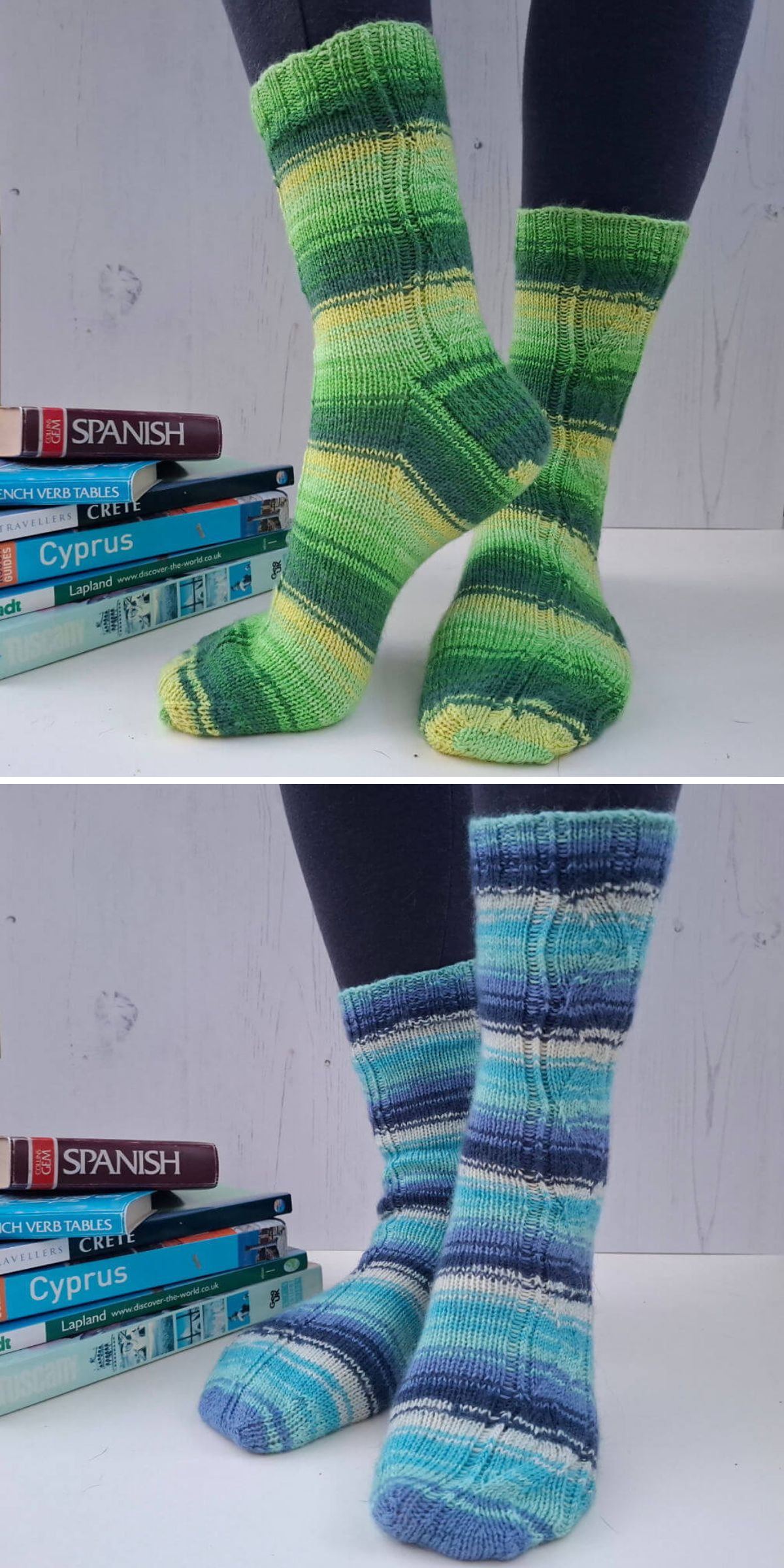 Two images show feet in green and blue striped socks — knitting patterns for socks on display — each next to a stack of travel guides for Cyprus and Spanish language books on a light background.