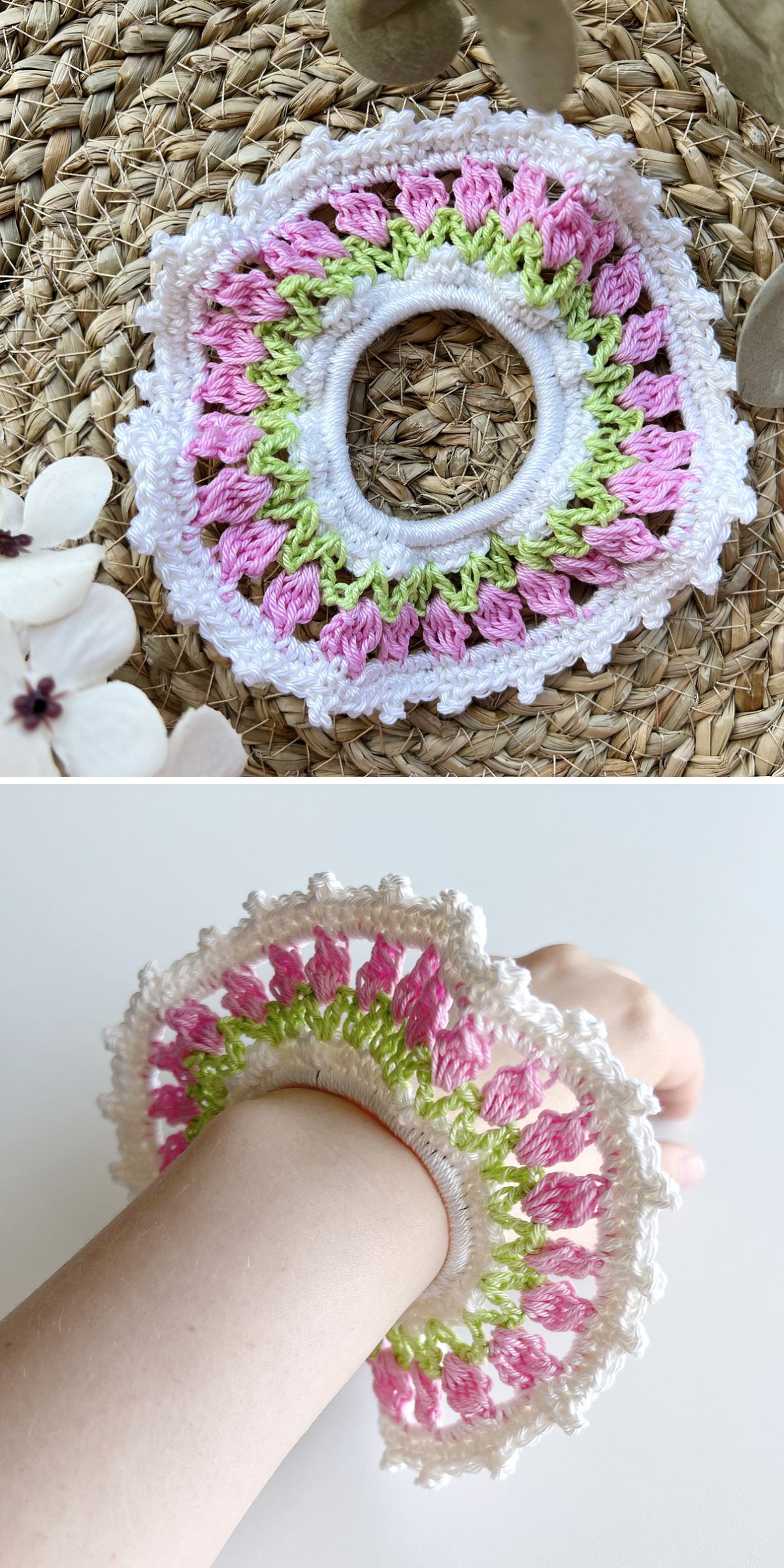 A crochet scrunchie in pink, green, and white rests on a woven surface and is also shown worn on a wrist.