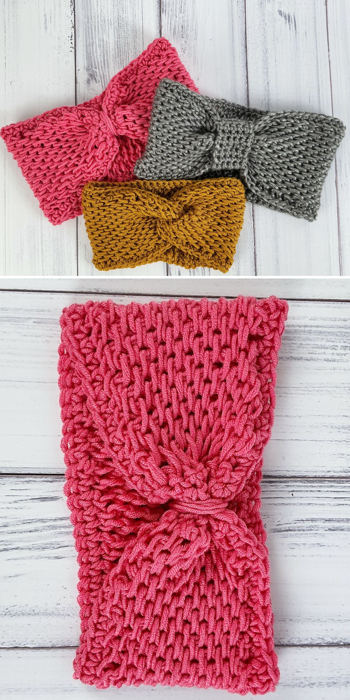 Three cozy crochet headbands in pink, gray, and yellow are displayed on a white wooden surface; a close-up of the pink crochet headband is shown below.