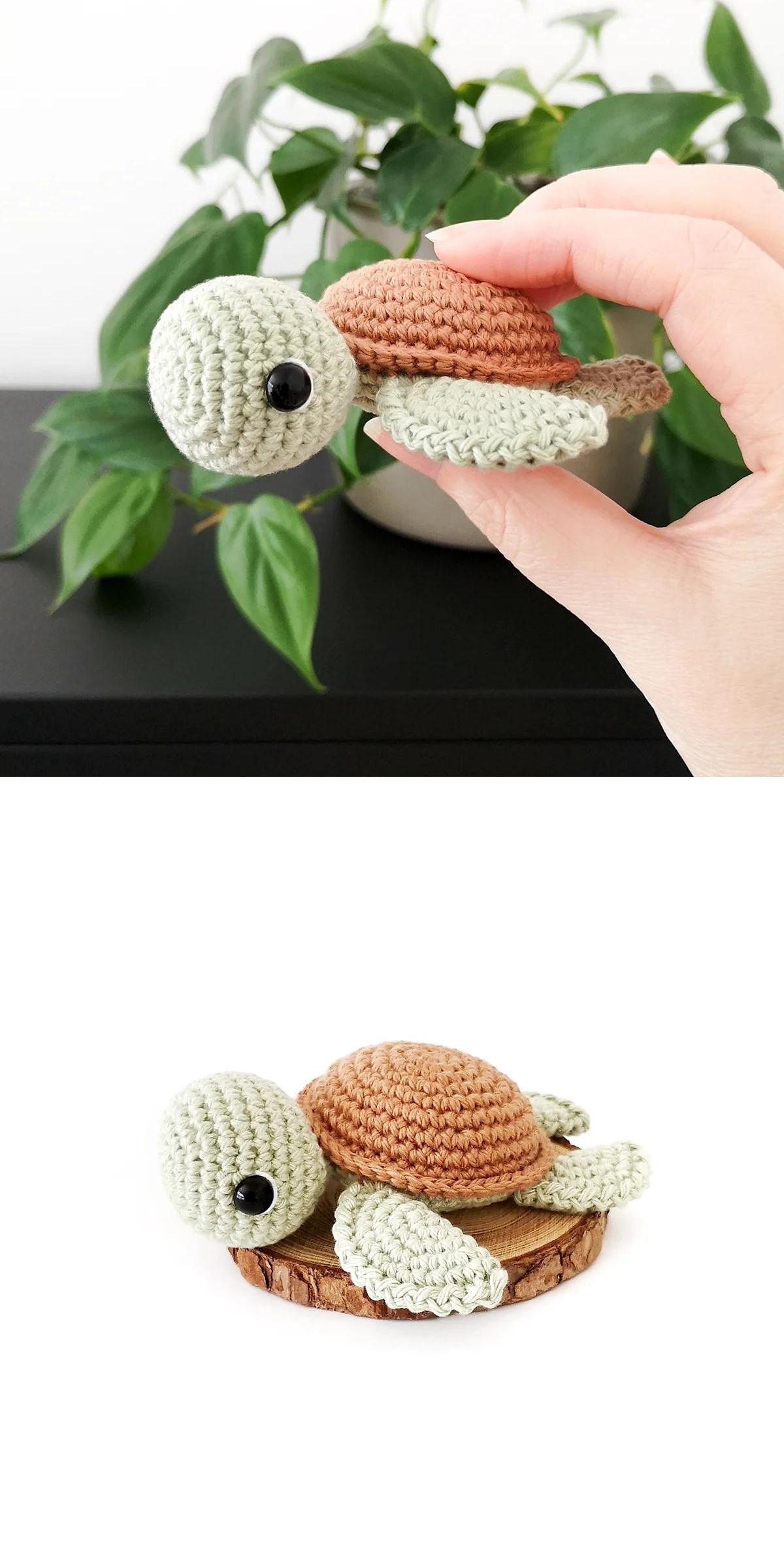 A hand holds a charming crocheted turtle in front of green plants; below, the crocheted turtle rests on a wooden disk against a white background.
