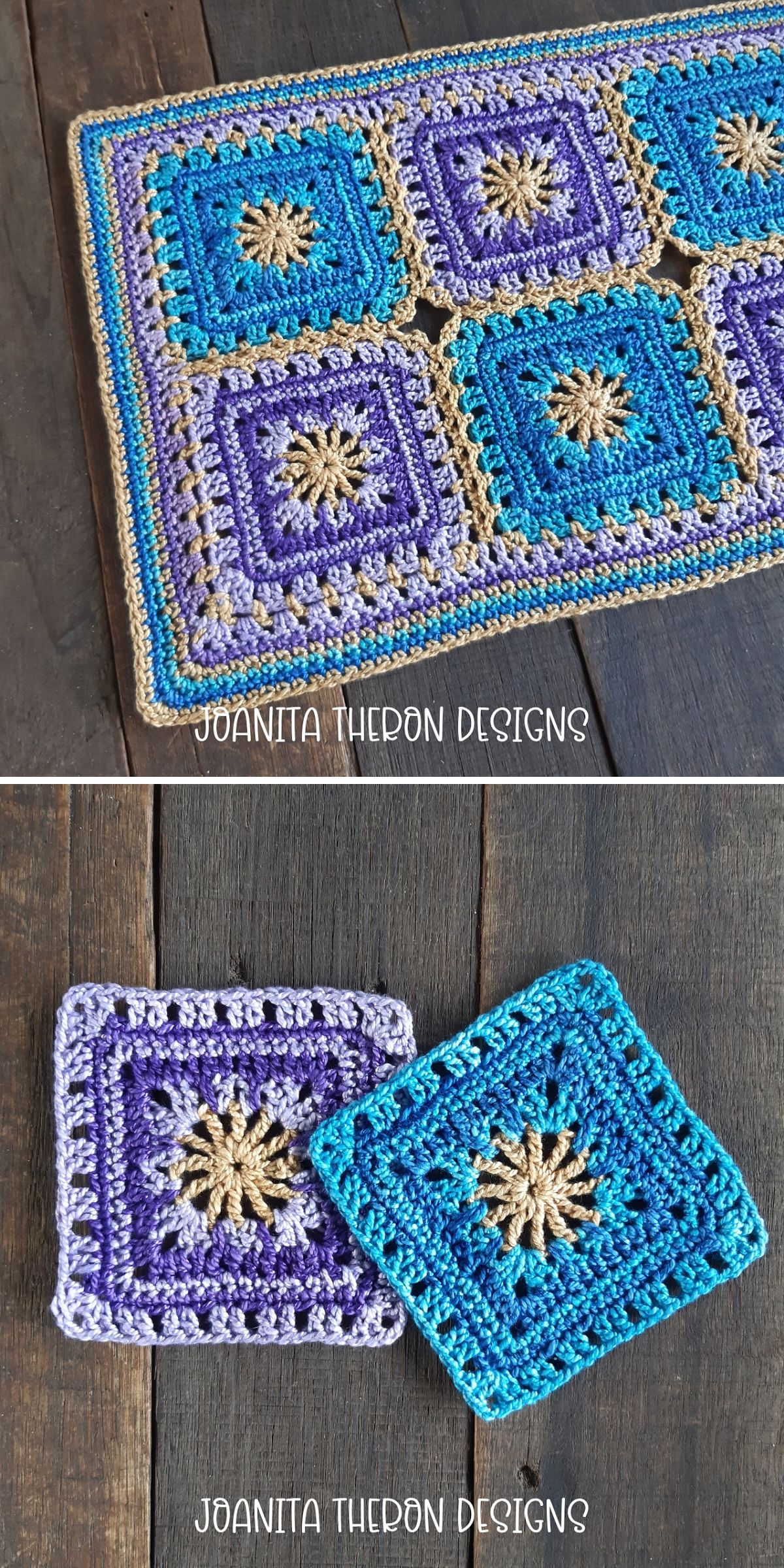 Crocheted granny squares in blue, teal, and beige tones are joined together in a rectangular mat, resembling a crochet doily, and are shown individually on a wooden surface.