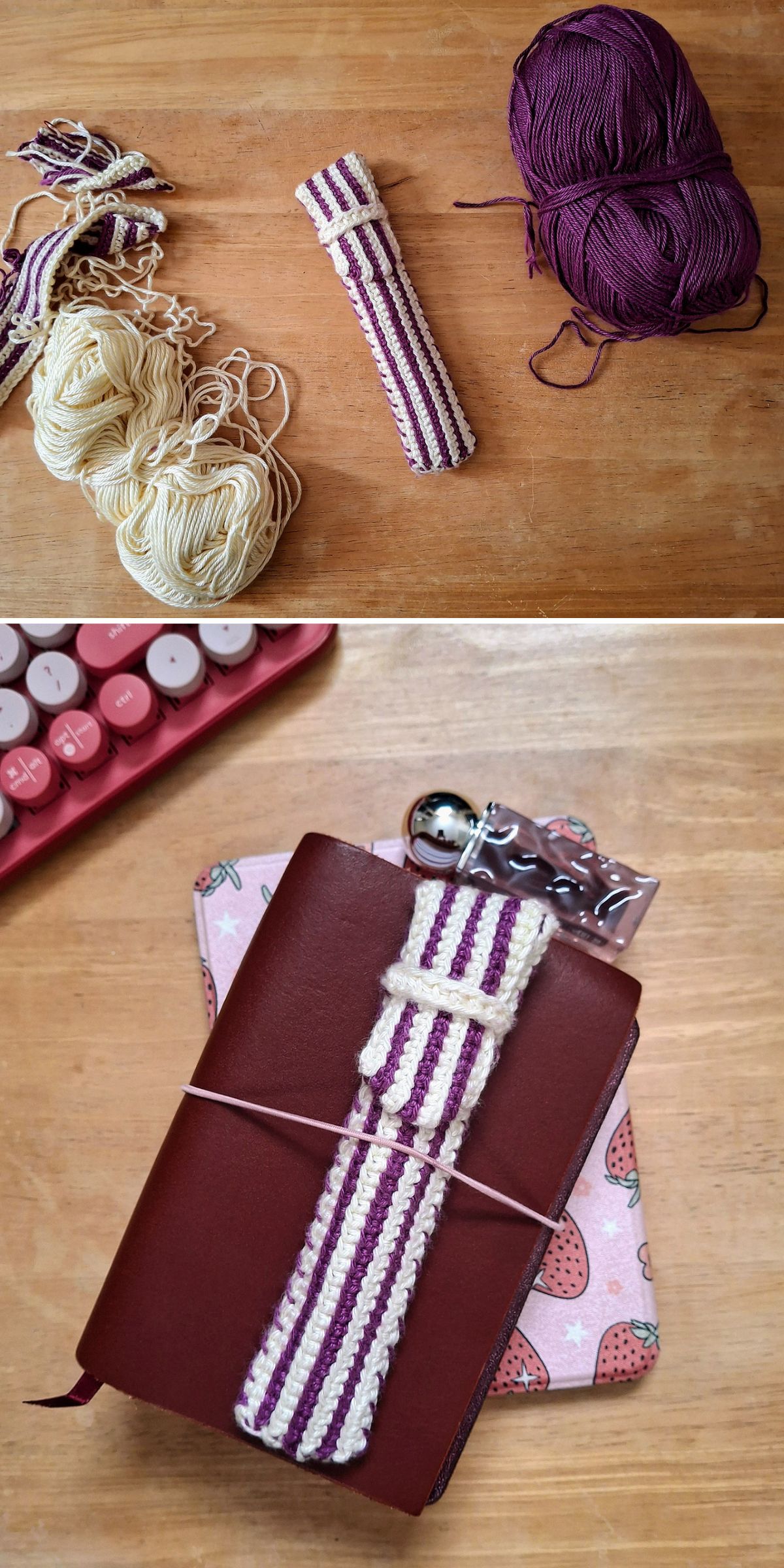 Two photos show a crochet organizer: first with yarn and the unfinished striped pen holder, and second with the finished holder wrapped around a brown journal.