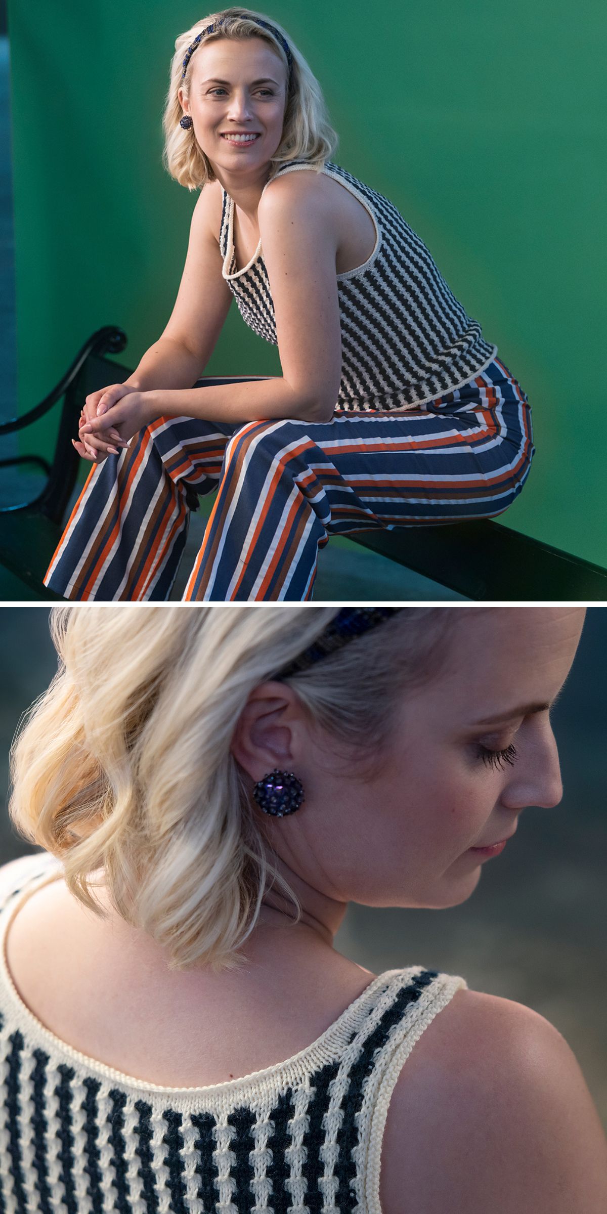 A woman in a knit halter top and striped flared pants sits on a bench before a green backdrop; close-up highlights her earring and the textured detail of her top.