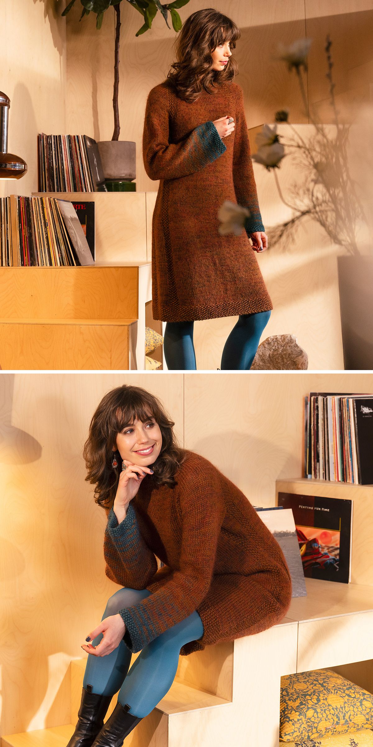 A woman with wavy brown hair models a brown knit dress with blue cuffs and teal tights, standing and sitting in a room with vinyl records, light wood shelving, and hints of classic knit dress patterns.