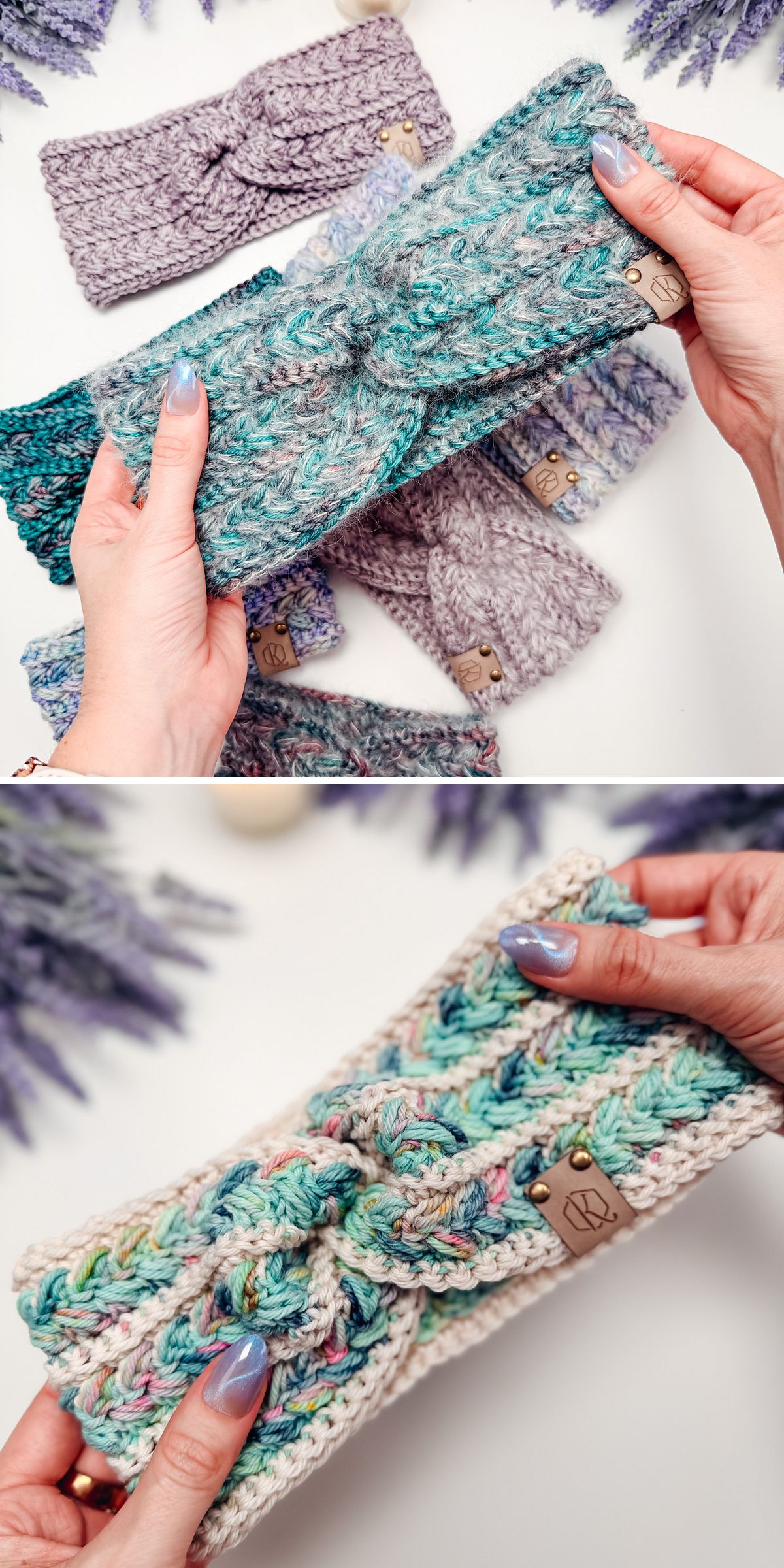 Two close-up images of hands holding crochet headbands in various pastel colors, each with a small branded tag attached. Other headbands are displayed on a white surface.