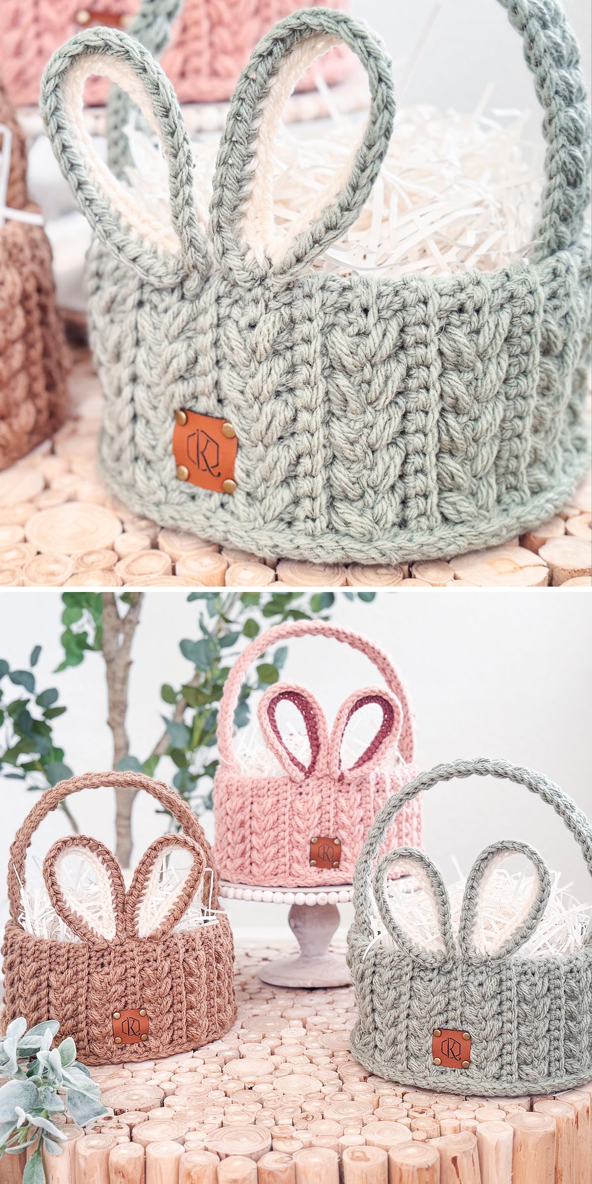 Crochet Easter baskets with bunny ear designs in pastel colors are displayed on a wooden surface, each filled with decorative grass.