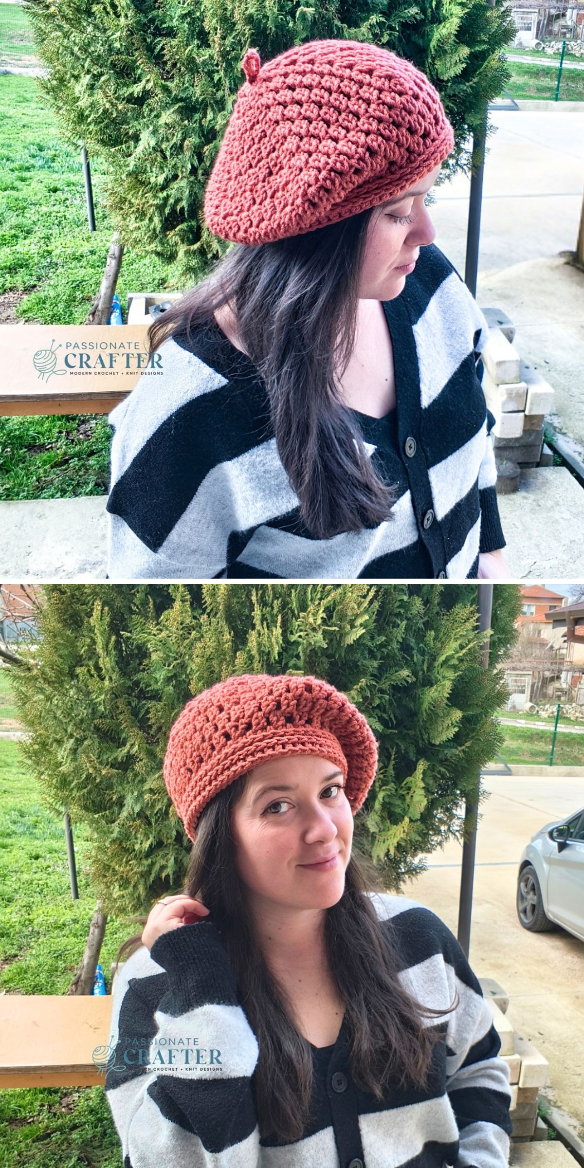 A woman wearing a rust-colored crochet beret and a black-and-white striped cardigan poses outdoors in front of a tree.