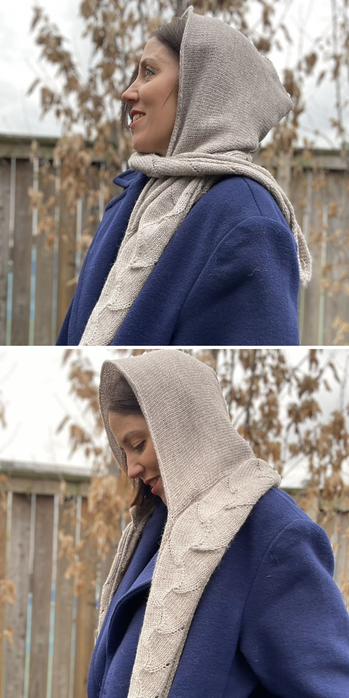 a woman wearing a blue coat and a beige knit hood with long textured tails