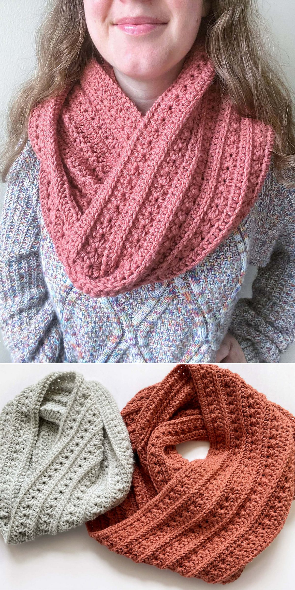 a woman in a light grey sweater demonstrates a pale red crochet infinity scarf made with a star stitch