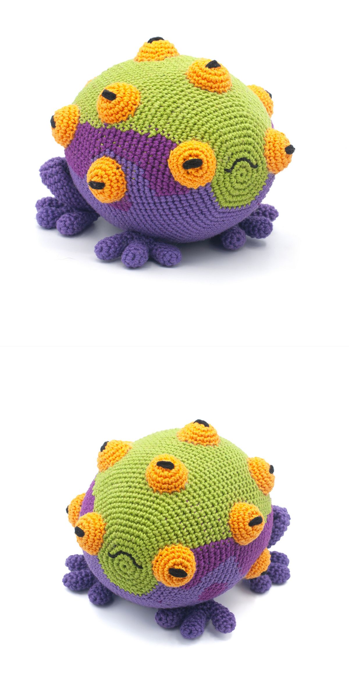 A crocheted, round toad — resembling a whimsical crochet frog — with green, purple, and orange yarn, multiple orange and black eyes, and tentacle-like appendages, shown from two angles.