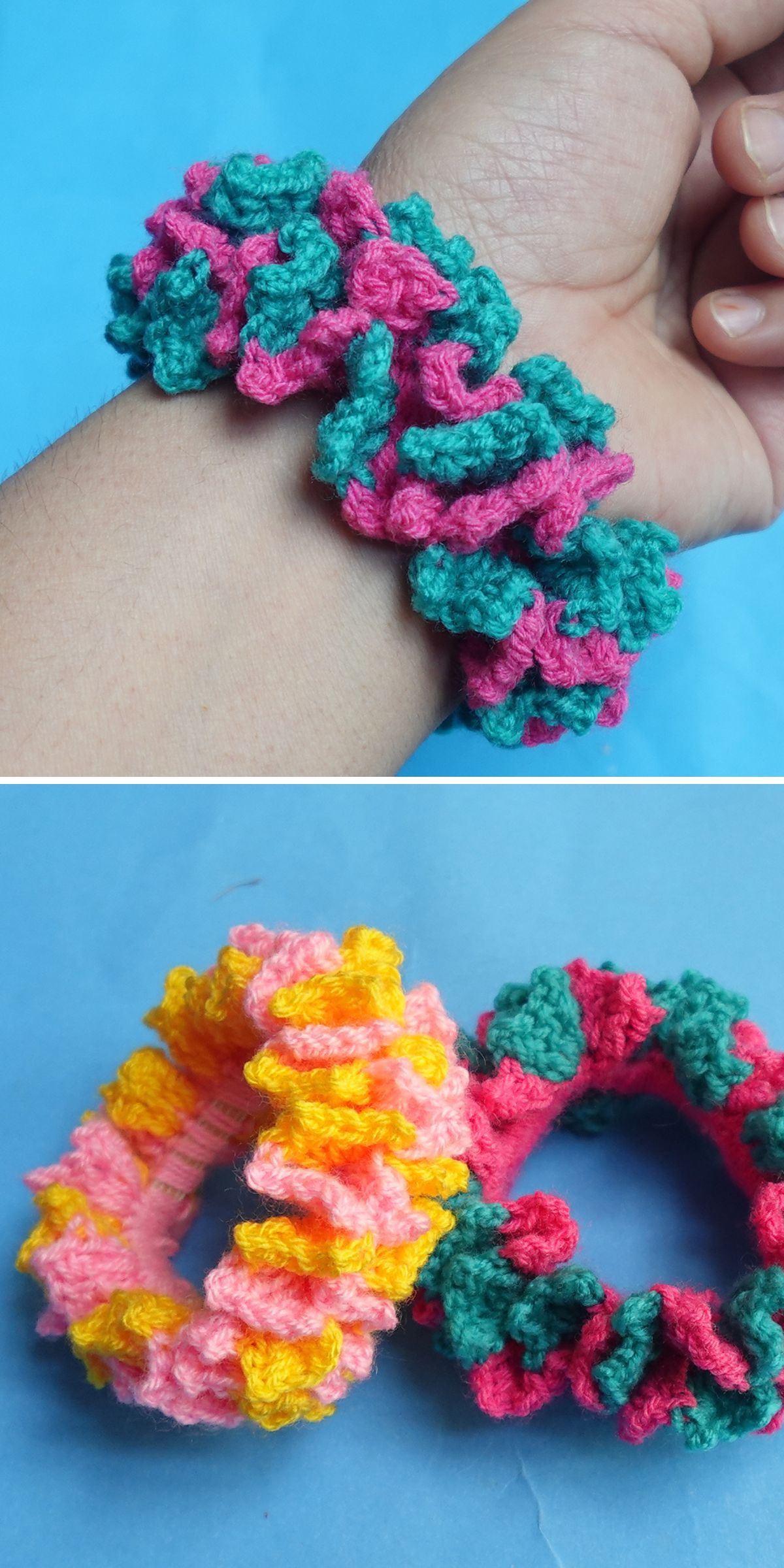 Two images: the first shows a hand wearing a ruffled crochet scrunchie in pink and teal; the second displays two more crochet scrunchies in pink-yellow and pink-teal-green on a blue background.