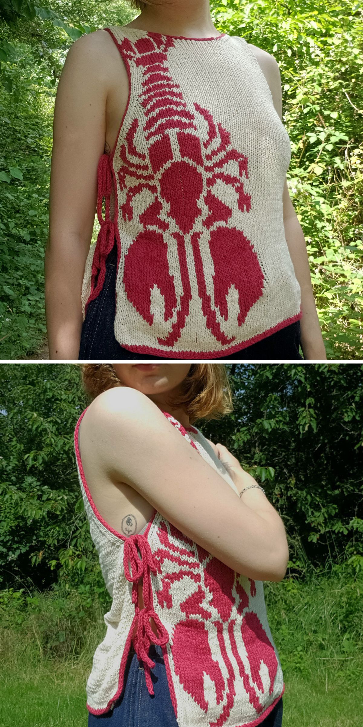 A person outdoors wearing a sleeveless knit halter top featuring a large red lobster design on the front and red side ties.