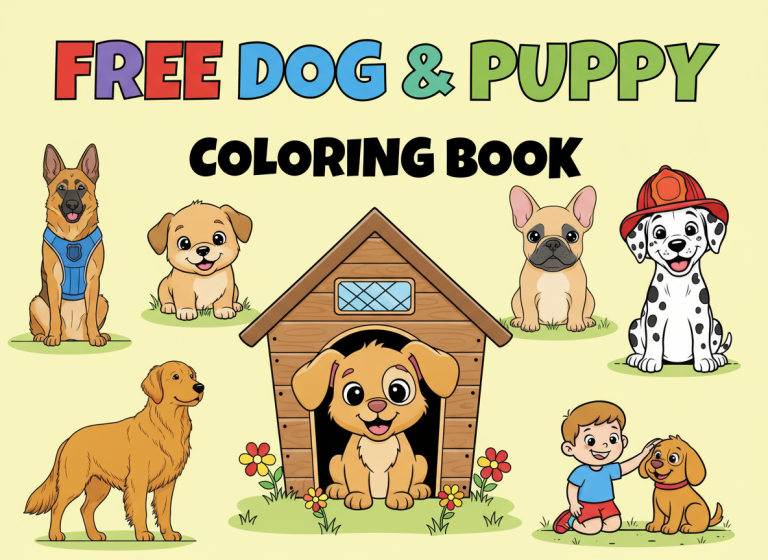 Cartoon image of various dog breeds, a doghouse, and a young boy, with bold, colorful text at the top reading "Free Printable Dog & Puppy Coloring Book" — perfect for fans of Dog coloring pages.