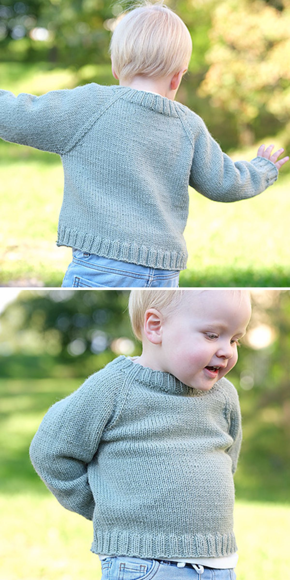 A young child with blonde hair wears a light blue baby boy sweater and jeans outdoors, facing away in the top image and smiling in the bottom image.