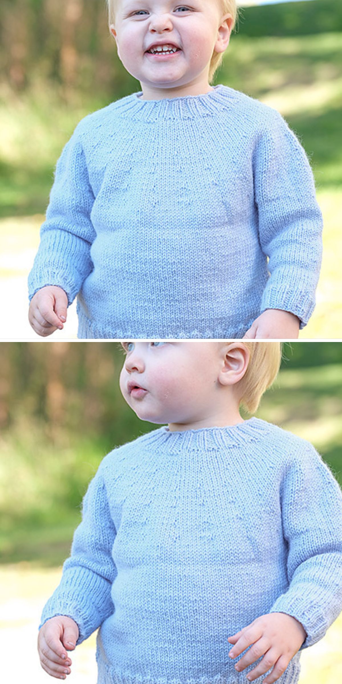 A young child in a light blue baby boy sweater stands outdoors on a sunny day. The top image captures him smiling, while the bottom image shows a neutral expression.