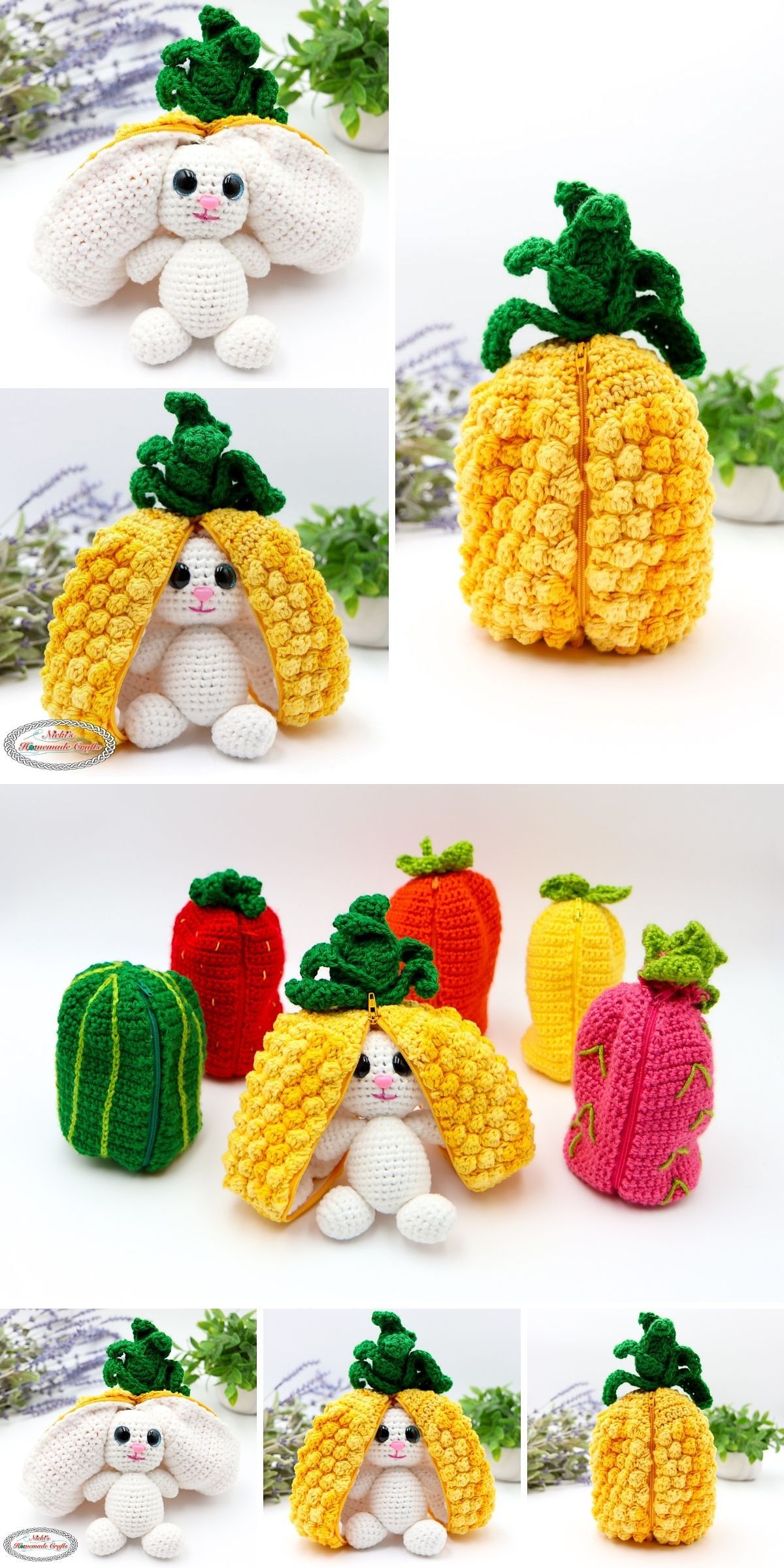 A crochet bunny fits inside a zippered yellow pineapple cover. Other crocheted fruit covers, like pepper and watermelon, are shown in various colors.