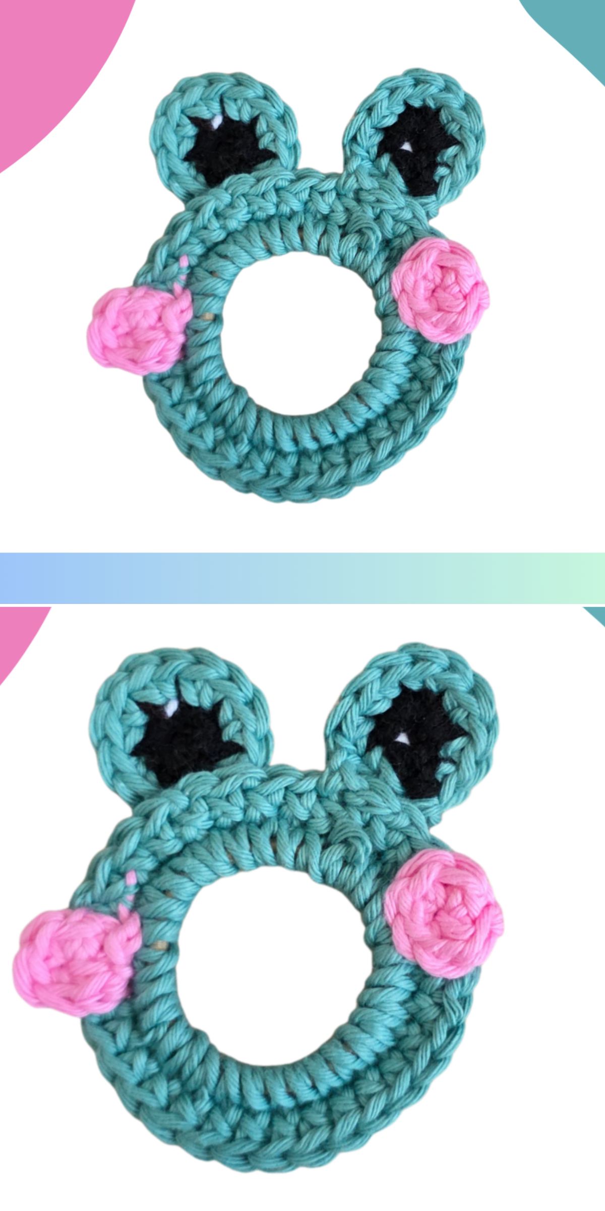 Crocheted green frog face ring with two black-eyed ears and two pink cheeks, displayed twice on a white background with colorful corner accents—a cute companion for your favorite crochet scrunchie.