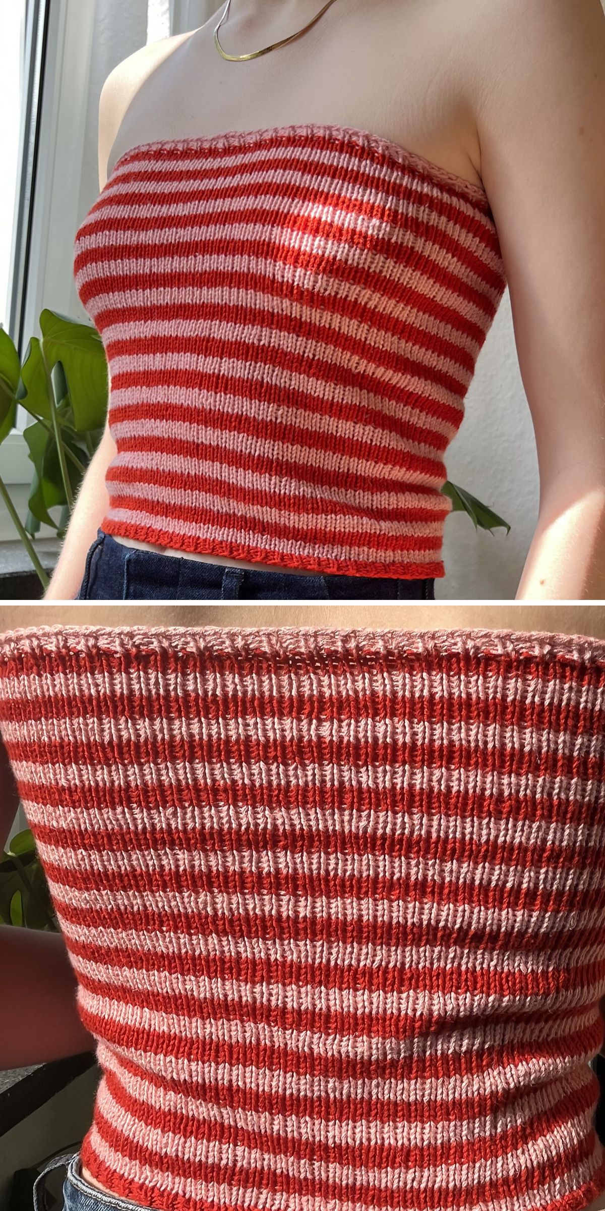 A person wearing a red and white horizontally striped, ribbed knit bandeau top, shown from the torso up in two close-up views.