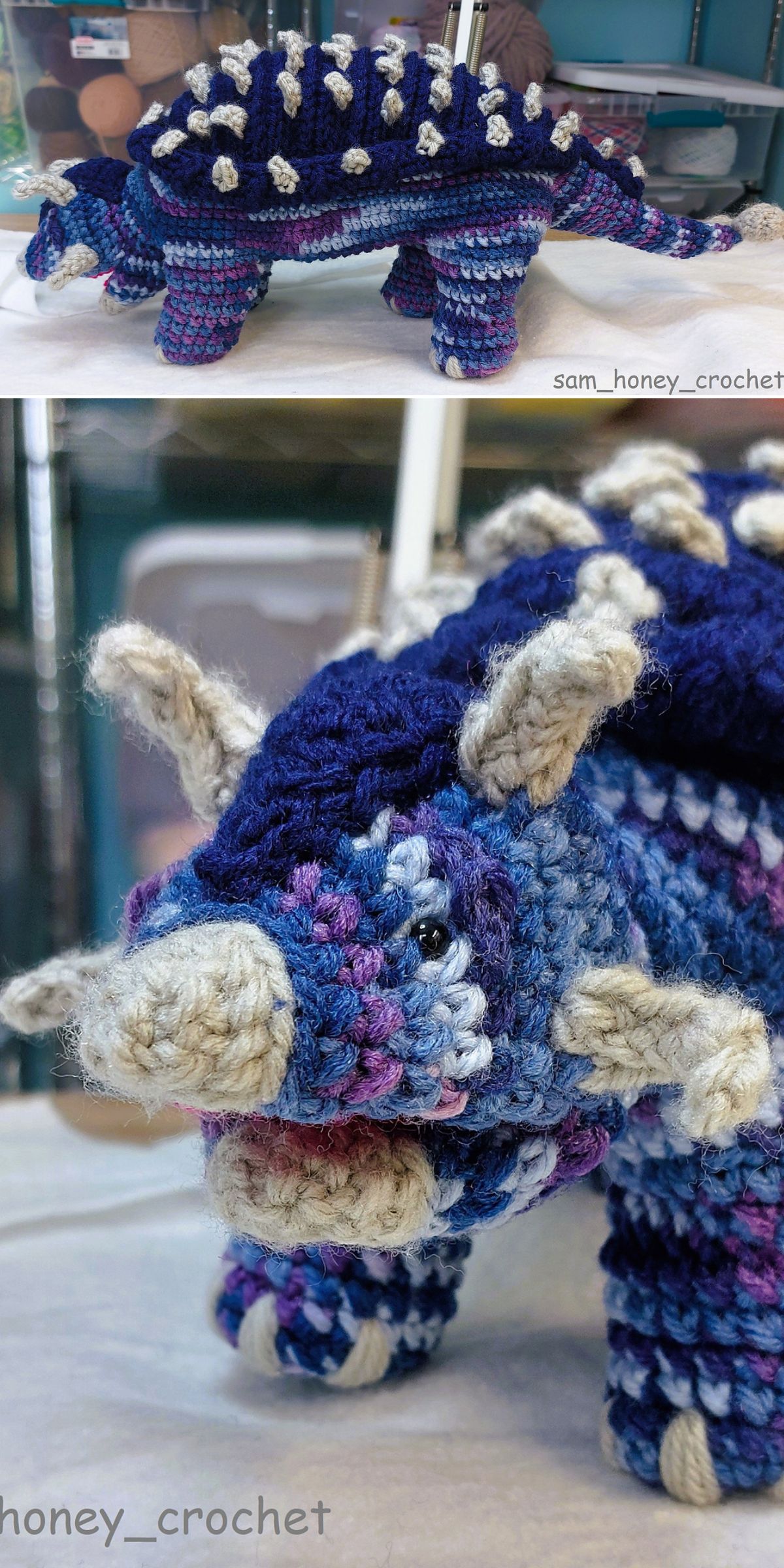 Two photos of a crochet dinosaur — a multicolored blue and purple ankylosaurus plush toy with cream-colored spikes and details.